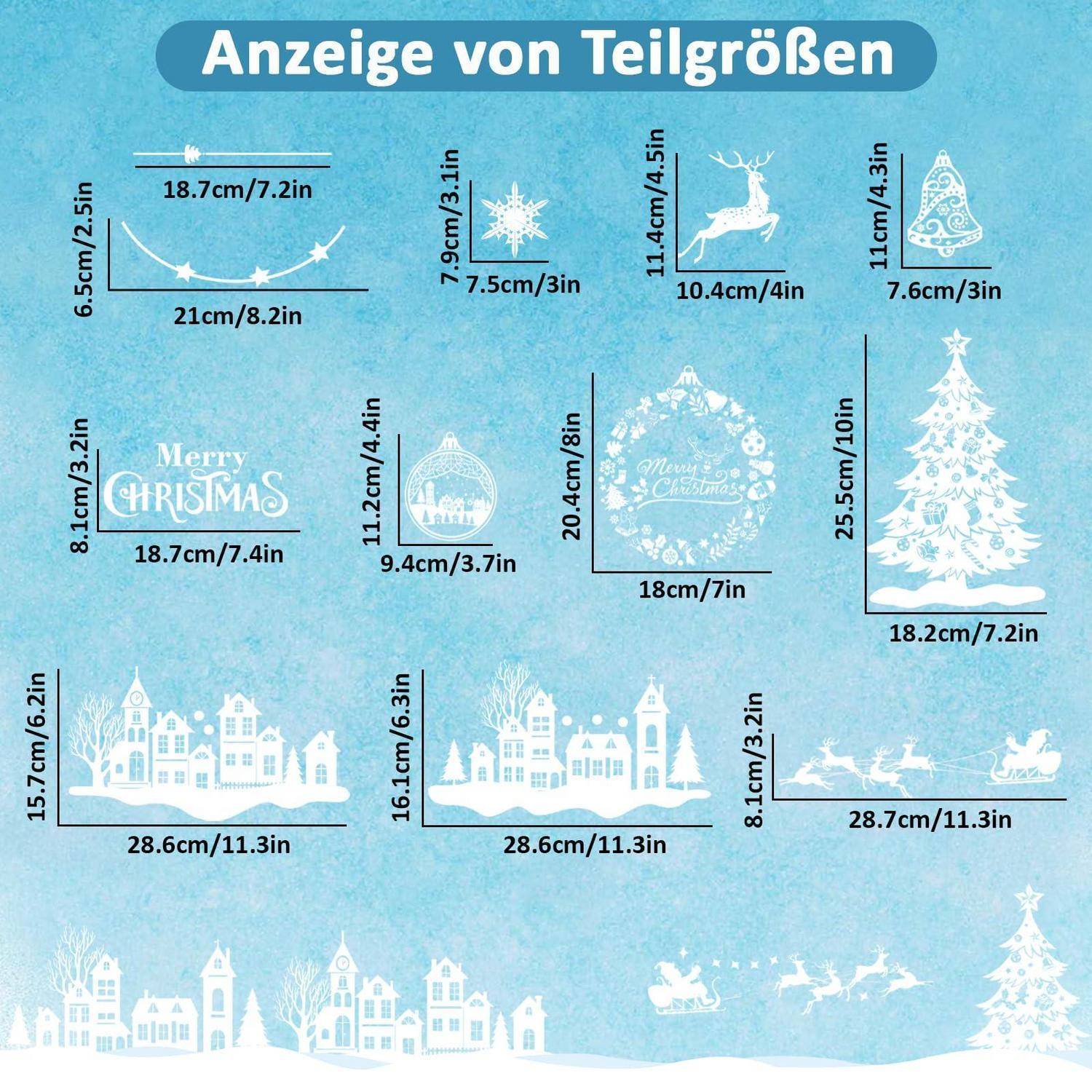 Größentabelle mit dem Titel „Anzeige von Teilgrößen