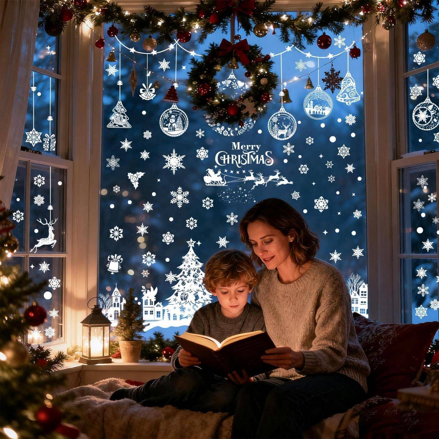 Mutter und Kind lesen ein Buch neben einem Fenster, das mit Weihnachtskränzen, Schneeflocken und „Frohe Weihnachten