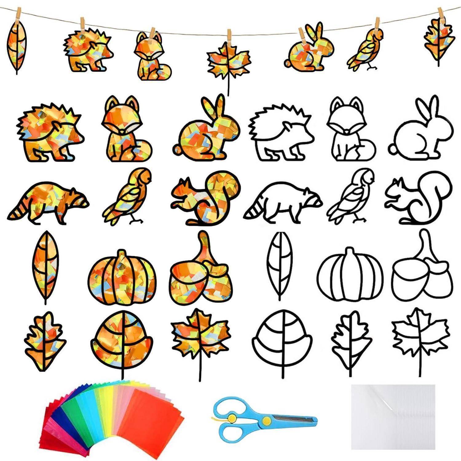 Ein Diagramm mit herbstlichem Clipart-Umrissen und farbigen Beispielen: Blatt, Igel, Fuchs, Kaninchen, Eichhörnchen, Vogel, Kürbisse, Eichel und Schere, plus ein Fächer mit Farbmustern und weißem Papier.