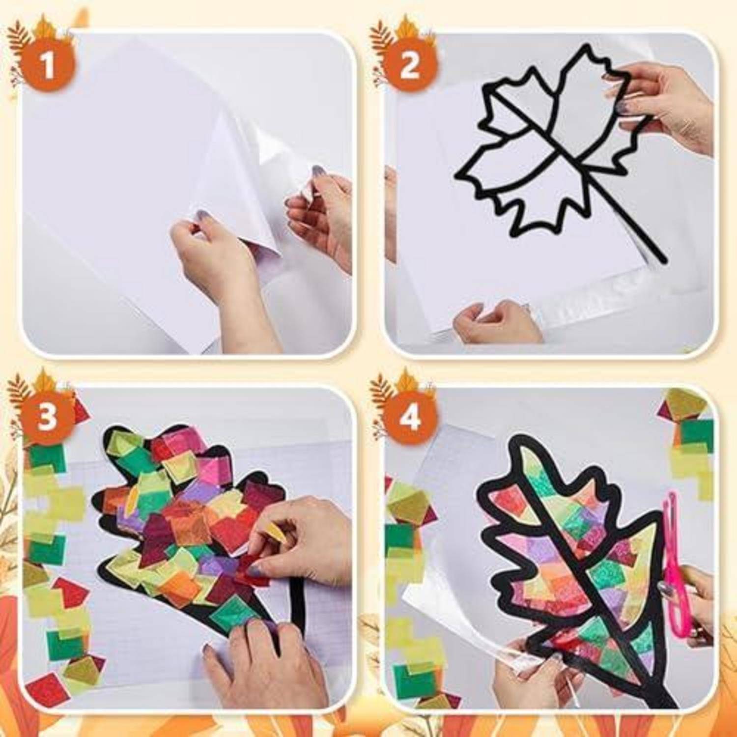Schritt-für-Schritt-Handwerksbild eines Ahornblatt-Umrisses, der auf klare Haftfolie nachgezeichnet wird, dann mit buntem Seidenpapier gefüllt wird, um eine Buntglas-Dekoration herzustellen.