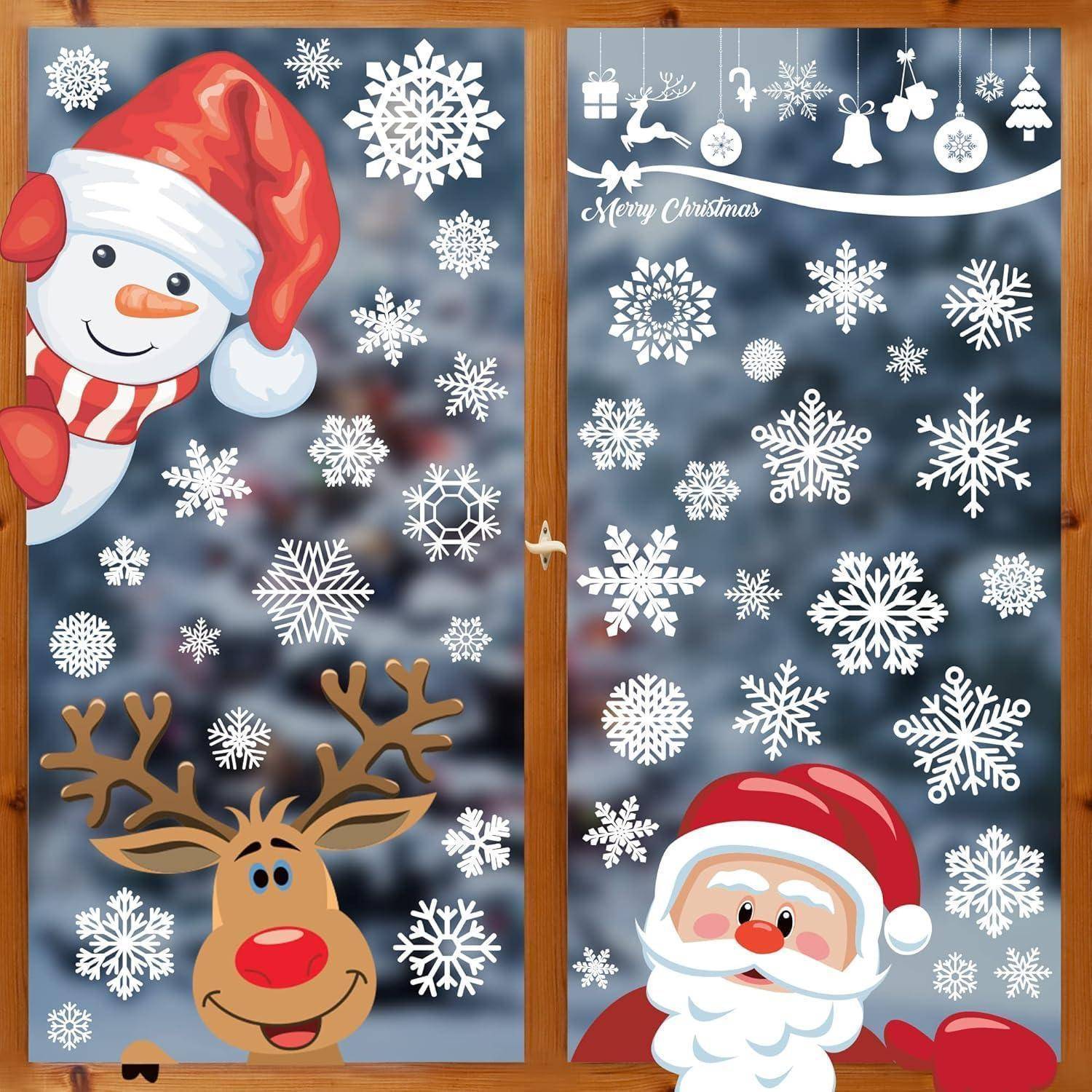 Weihnachtsfensterdekorationm it Schneemann, Rentier, Weihnachtsmann, Schneeflocken und Text 