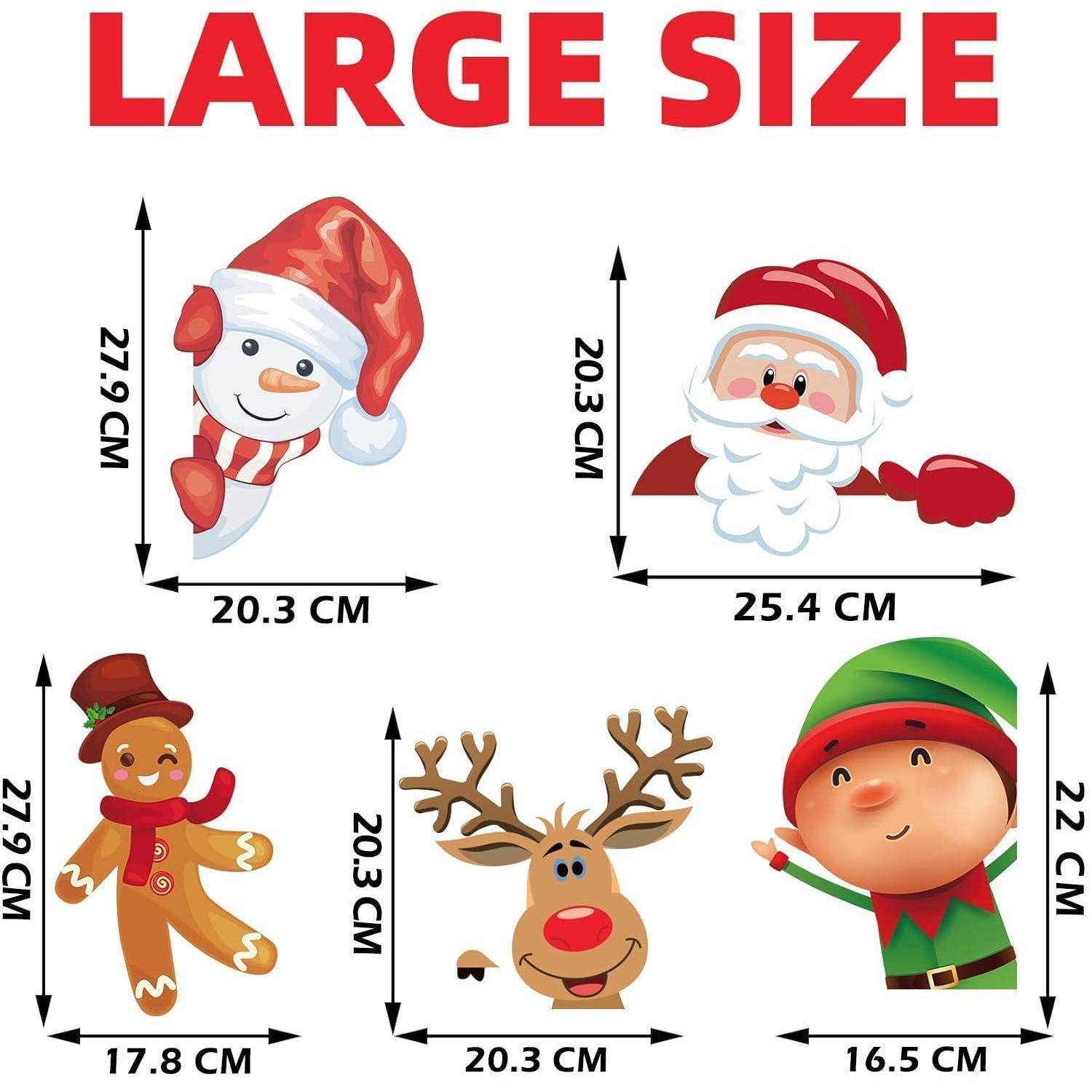 "Große" Weihnachtsfigur-Aufkleber mit Abmessungen: Schneemann 27,9 x 20,3 cm, Weihnachtsmann 20,3 x 25,4 cm, Lebkuchen-Mann 27,9 x 17,8 cm, Rentier 20,3 x 20,3 cm, Elf 22 x 16,5 cm.