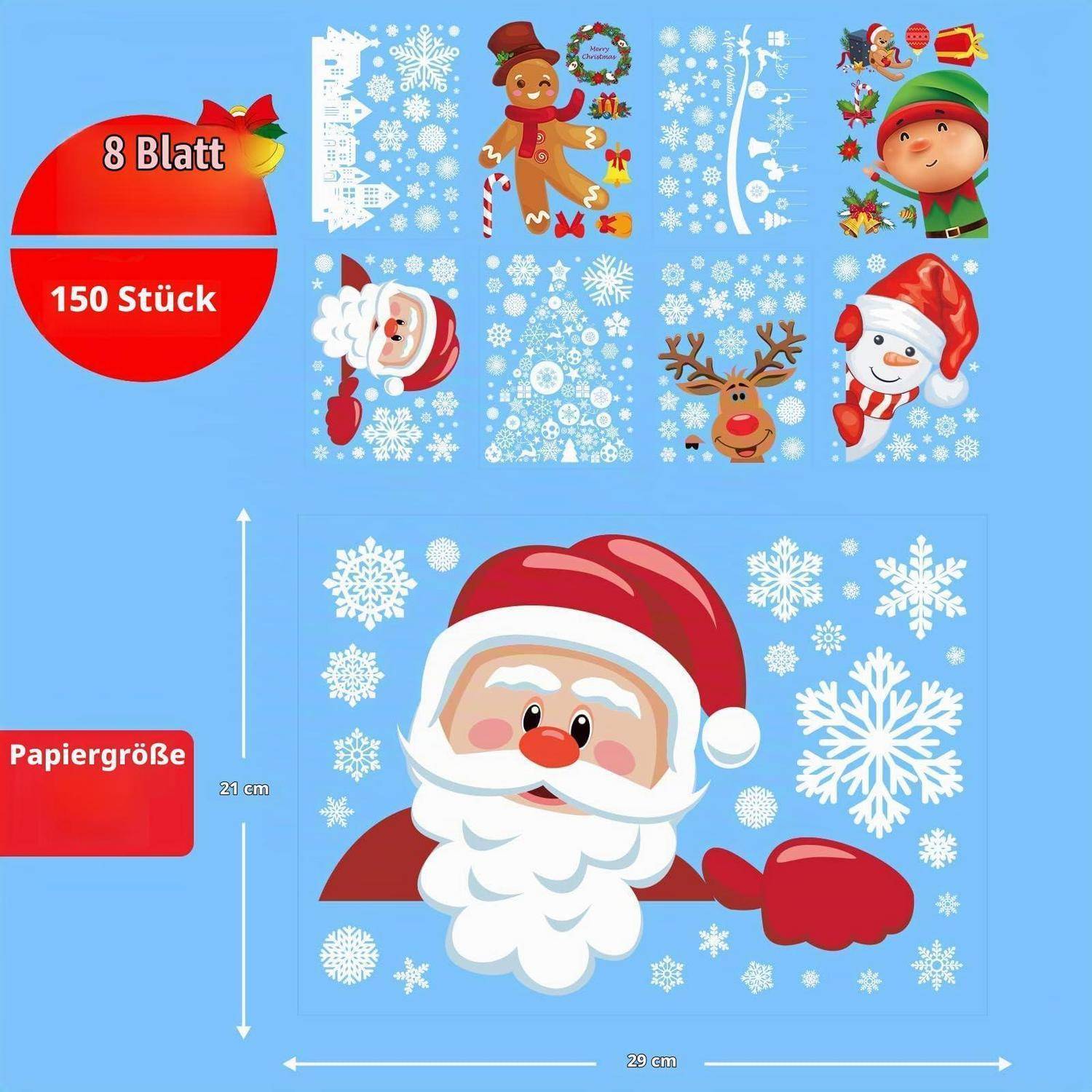 Weihnachtsgeschenkpapier-Set mit 8 Blättern, 150 Stück, mit Motiven von Weihnachtsmann, Rentier, Elf und Schneeflocken; Hauptblatt misst 29 x 21 cm.