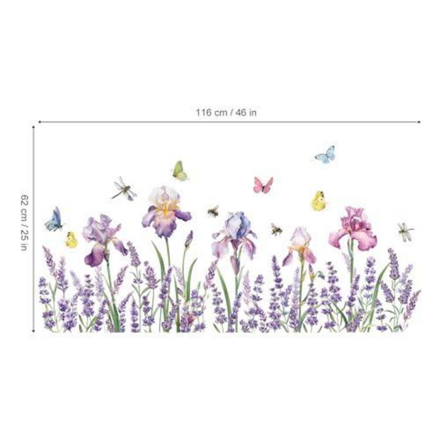 Wandtattoo-Illustration mit violetten und rosa Blüten mit Schmetterlingen und Libellen, dargestellt mit einer Breite von 116 cm und einer Höhe von 62 cm.