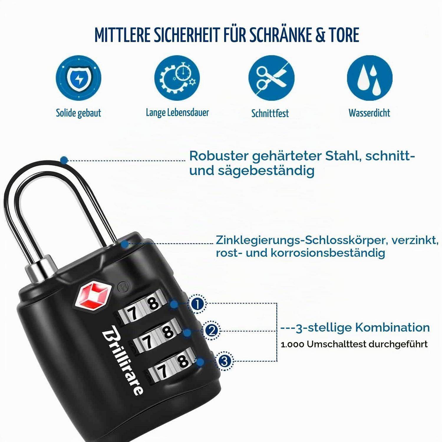 2 Stück TSA Vorhängeschloss 3-stellig Zinklegierung Schwarz