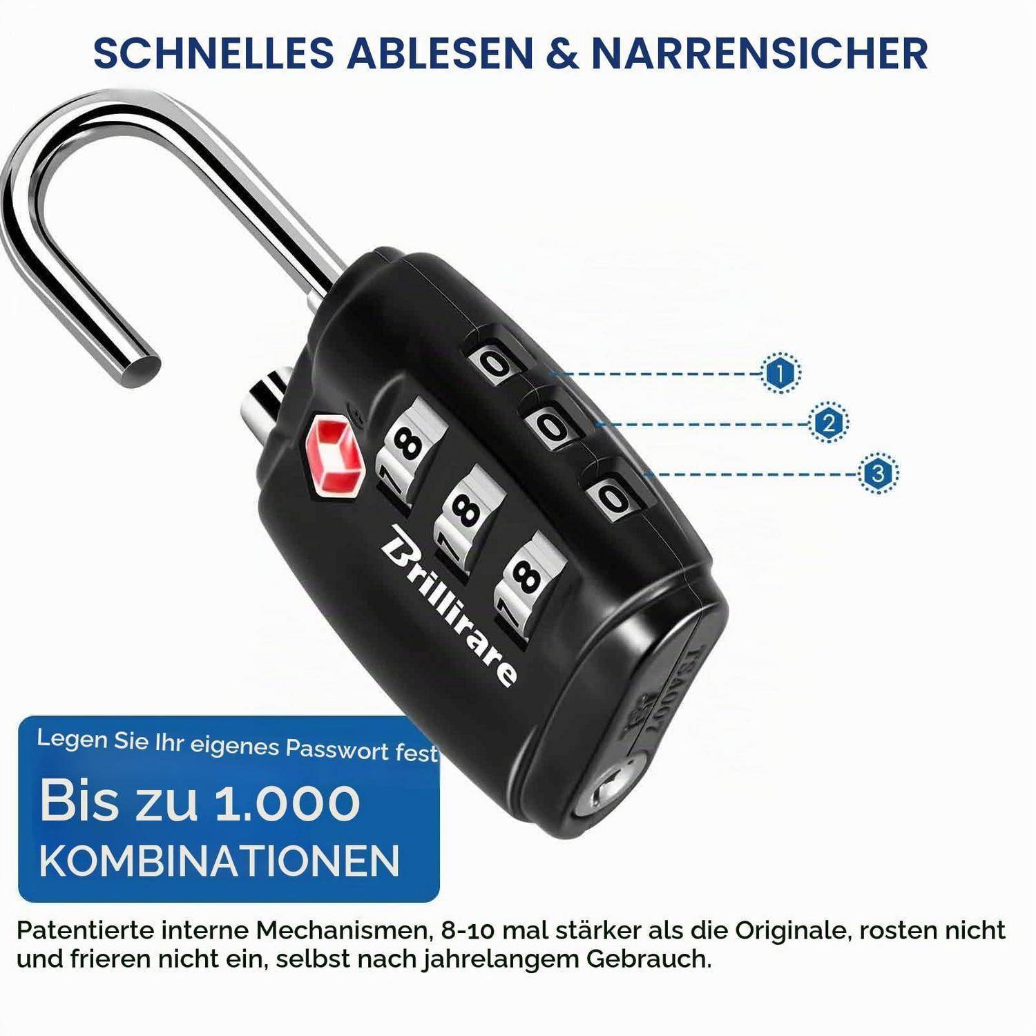 Schwarzes 3-stelliges Kombinationsvorhängeschloss mit offentem Bügel und deutschem Werbetexte, die bis zu 1.000 Kombinationen und schnellen, sicheren Zugang bewerben.