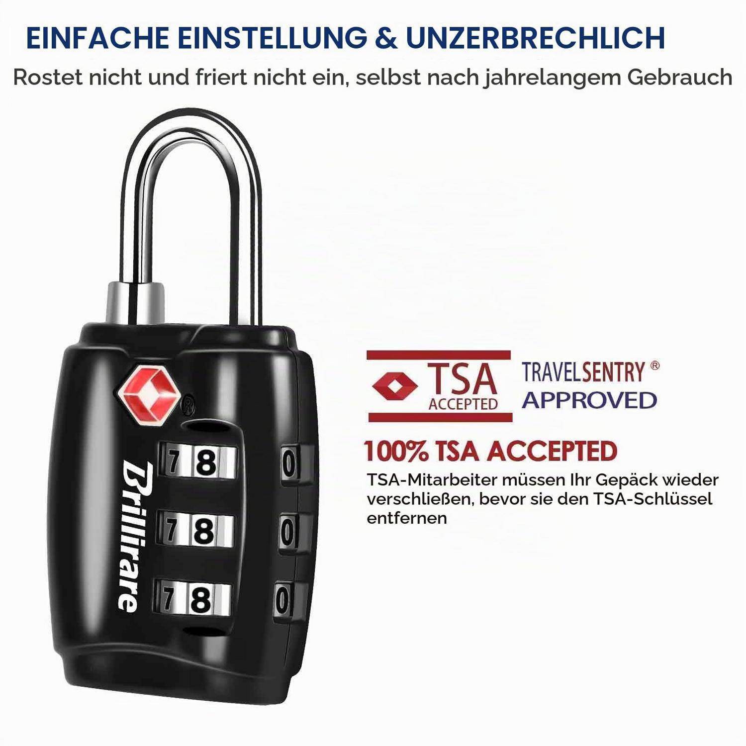 Black Brilliare TSA-Gepäckschloss mit 3-stelliger Kombination, gekennzeichnet mit „TSA akzeptiert" und „Travel Sentry genehmigt"" in deutschem Anzeigentext.