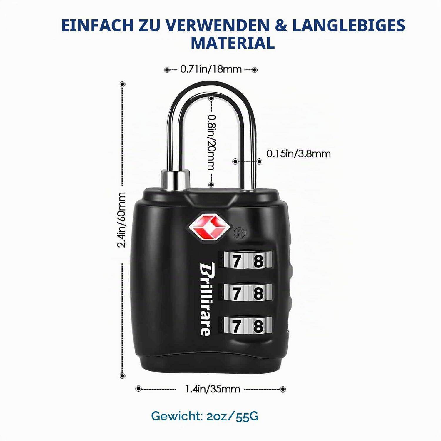 Schwarzes Kombinationsvorhängeschloss mit 3 Ziffernschwächern und silberner Bügel, gezeigt mit Abmessungen und deutschem Text "EINFACH ZU VERWENDEN & LANGLEBIGES MATERIAL"" und Gewicht ""2oz/55G"".
