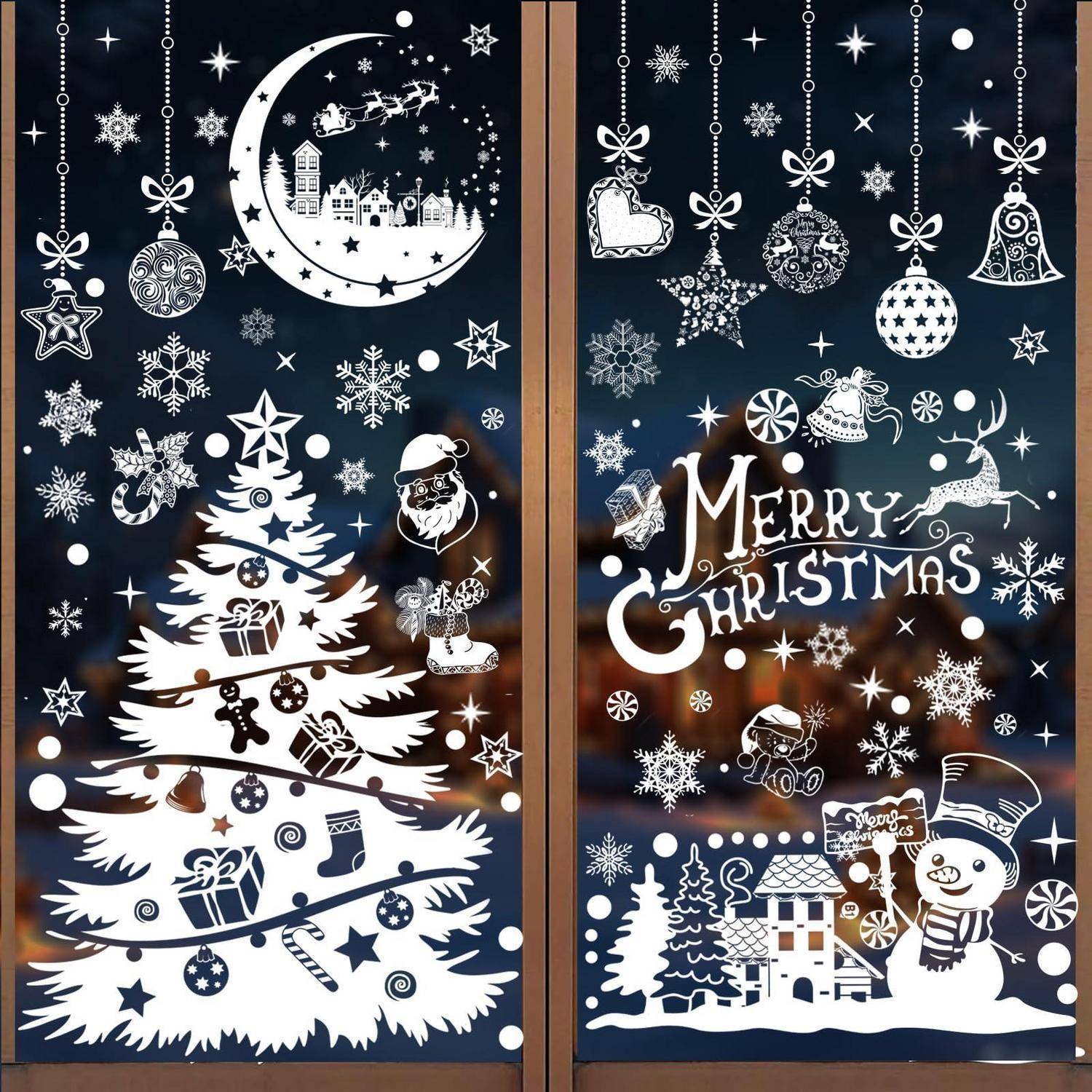 Zwei weihnachtlich gestaltete Plakate: links zeigt einen weiß geschmückten Baum mit Geschenken, den Weihnachtsmann, Mond, Sternen und einem Dorf; rechts steht „Frohe Weihnachten