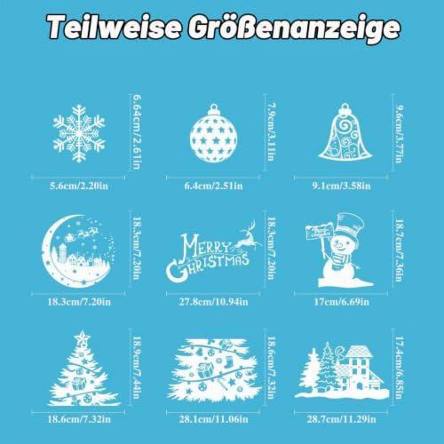 # Weihnachts-Designgrößen-Leitfaden mit mehreren weißen Feiertagsmotiven und Abmessungen, einschließlich Schneeflocke, Christbaumkugel, Glocke, Mondszene, „Frohe Weihnachten"-Text, Schneemann, Baum, Girlande und Haus.