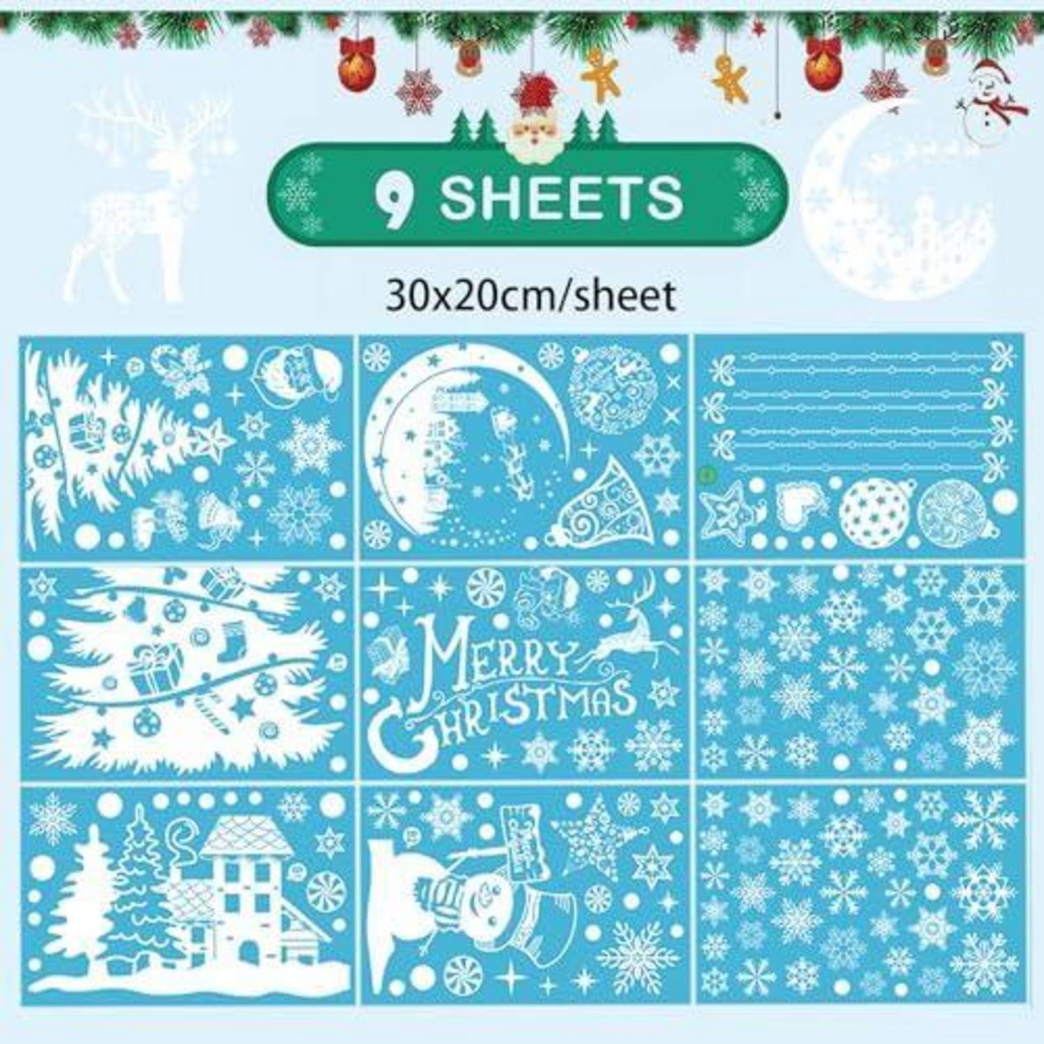 Weihnachtsfensteraufkleber-Set mit 9 blauen und weißen Blättern, je 30x20cm beschriftet, mit Schneeflocken, dem Weihnachtsmann, Rentieren, Bäumen und „Frohe Weihnachten".