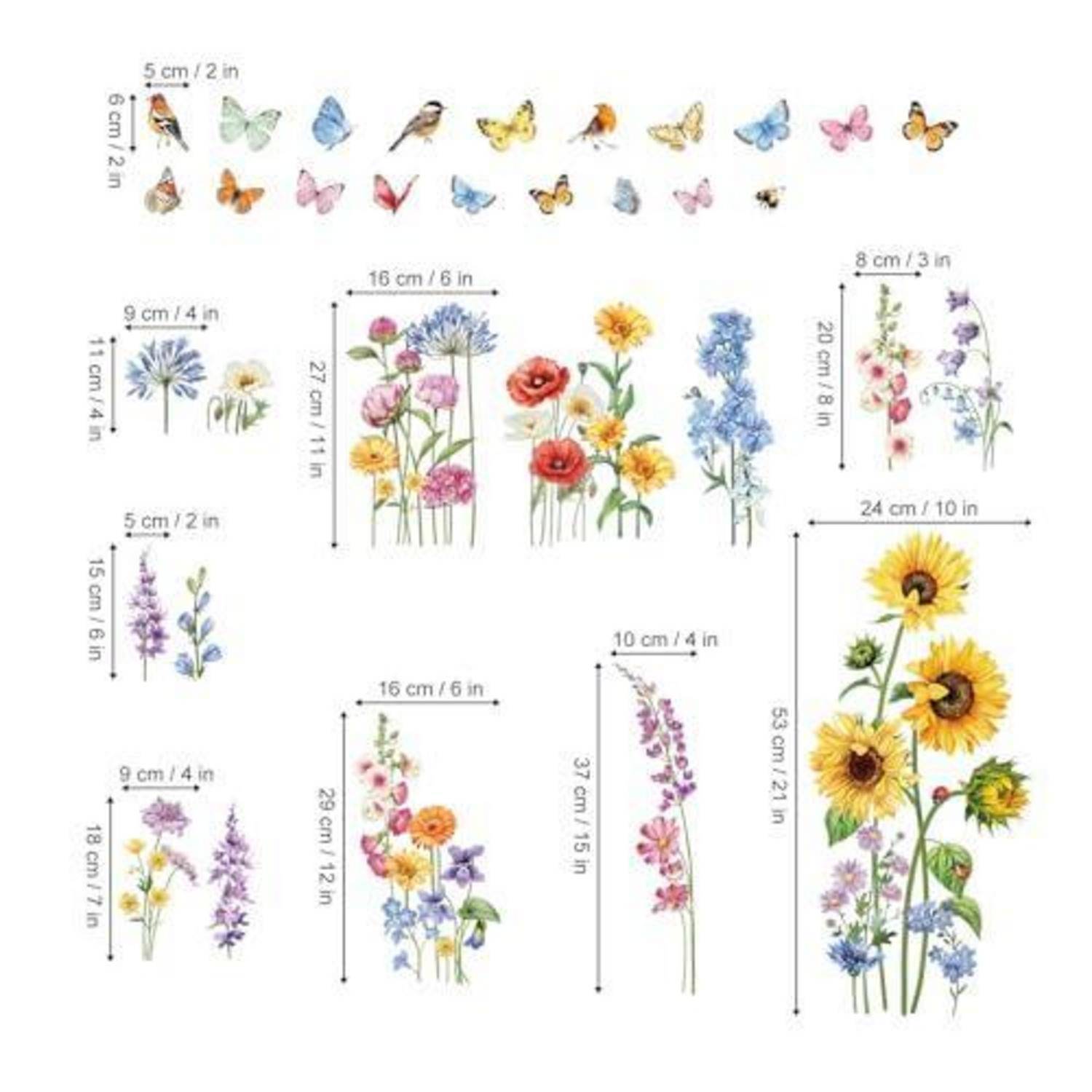 Kollektion aus verschiedenen Blumen- und Schmetterlings-Wandaufklebern in unterschiedlichen Größen, mit Abmessungen in cm und Zoll für jedes Design.