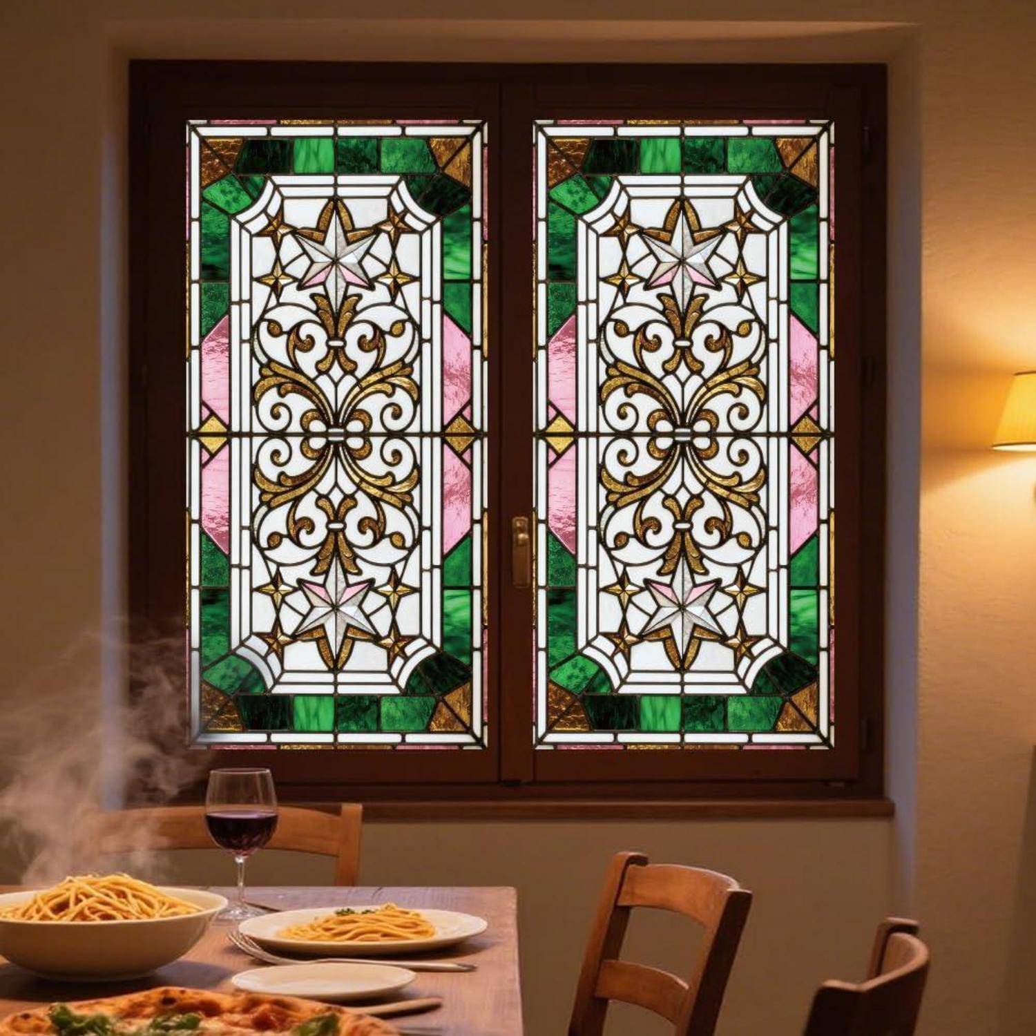 Esszimmer mit dekorativem Buntglasfenster über einem Tisch, der mit Pasta und einem Glas Rotwein eingedeckt ist.