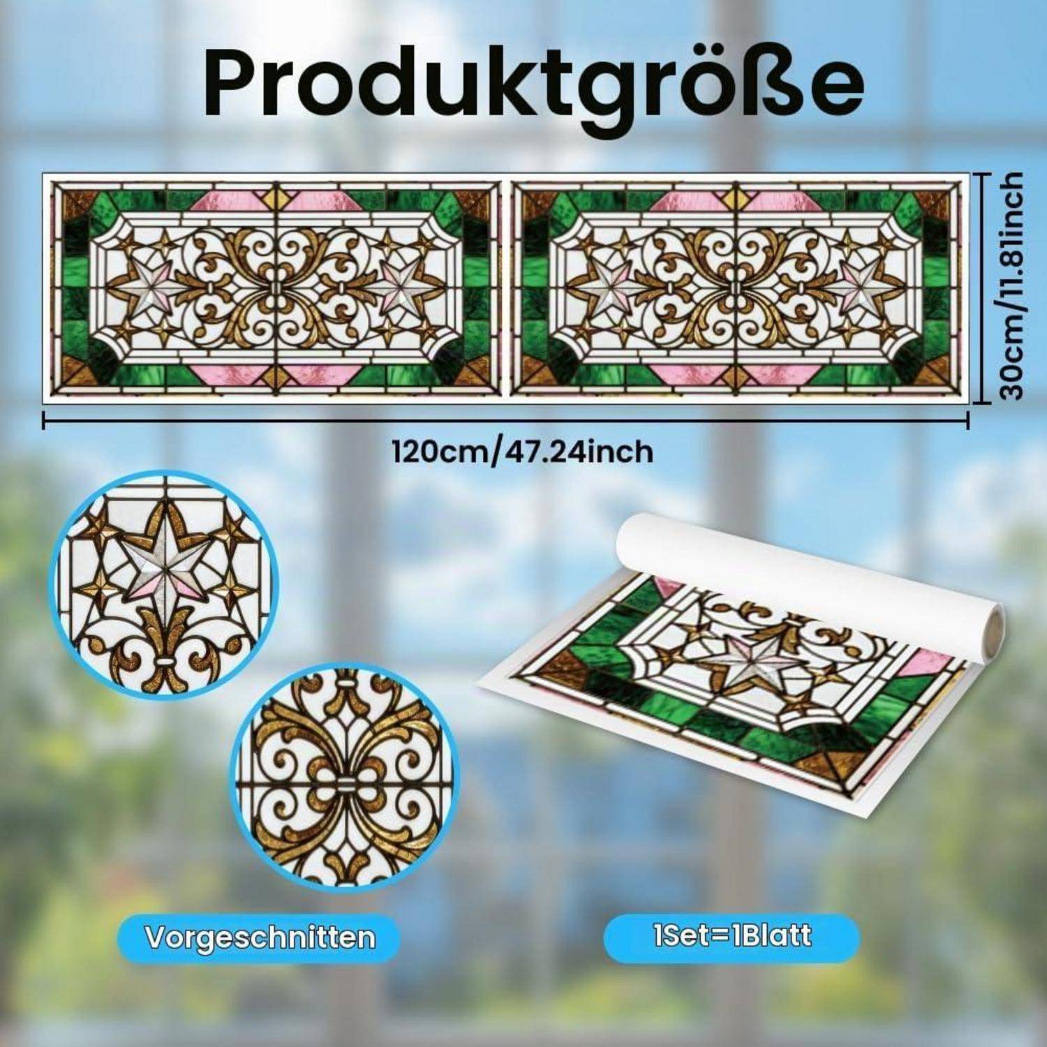 Produktgrößendiagramm für eine dekorative Matte: 120 cm (47,24 Zoll) breit mal 30 cm (11,81 Zoll) hoch, mit vorgeschnittenen Details und 1 Set = 1 Blatt.