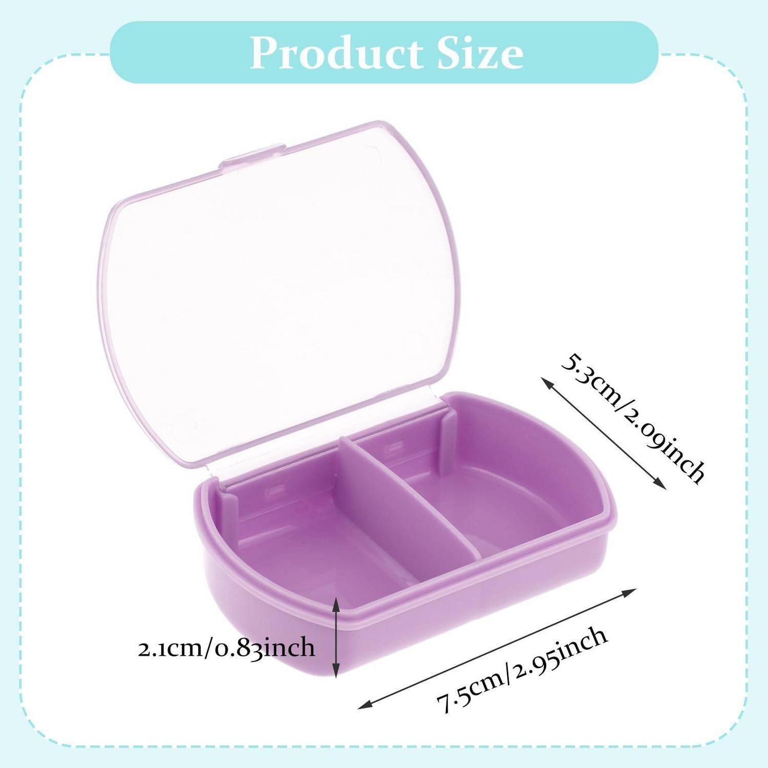 Produktgrößen-Diagramm eines violetten rechteckigen Gehäuses mit Klappdeckel mit den Abmessungen 7,5 cm x 5,3 cm x 2,1 cm.
