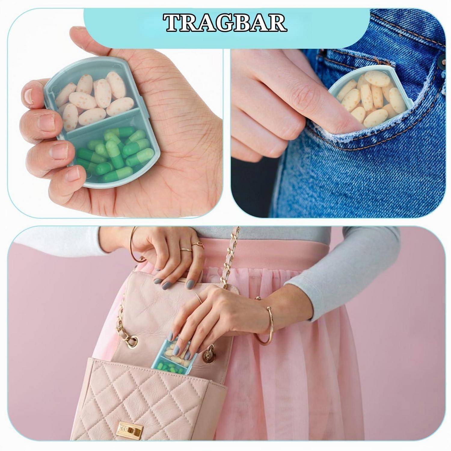 Kleine, handtellergroße Pillendose in einer Hand, verstaut in der Hosentasche und an einem Handtaschenclip befestigt für diskrete Mitnahme.