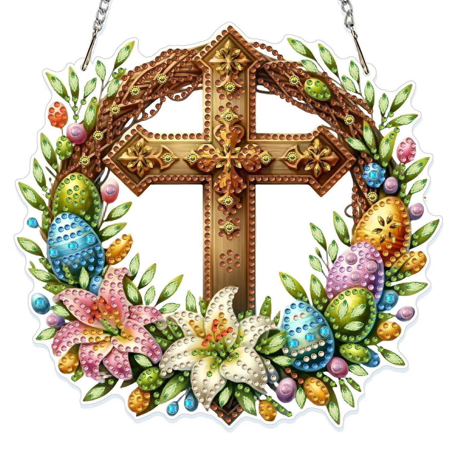 Dekoratives verziertes braunes Kreuz, umgeben von einem farbenfrohen Blumenkranz und hängenden Kettenakzenten.