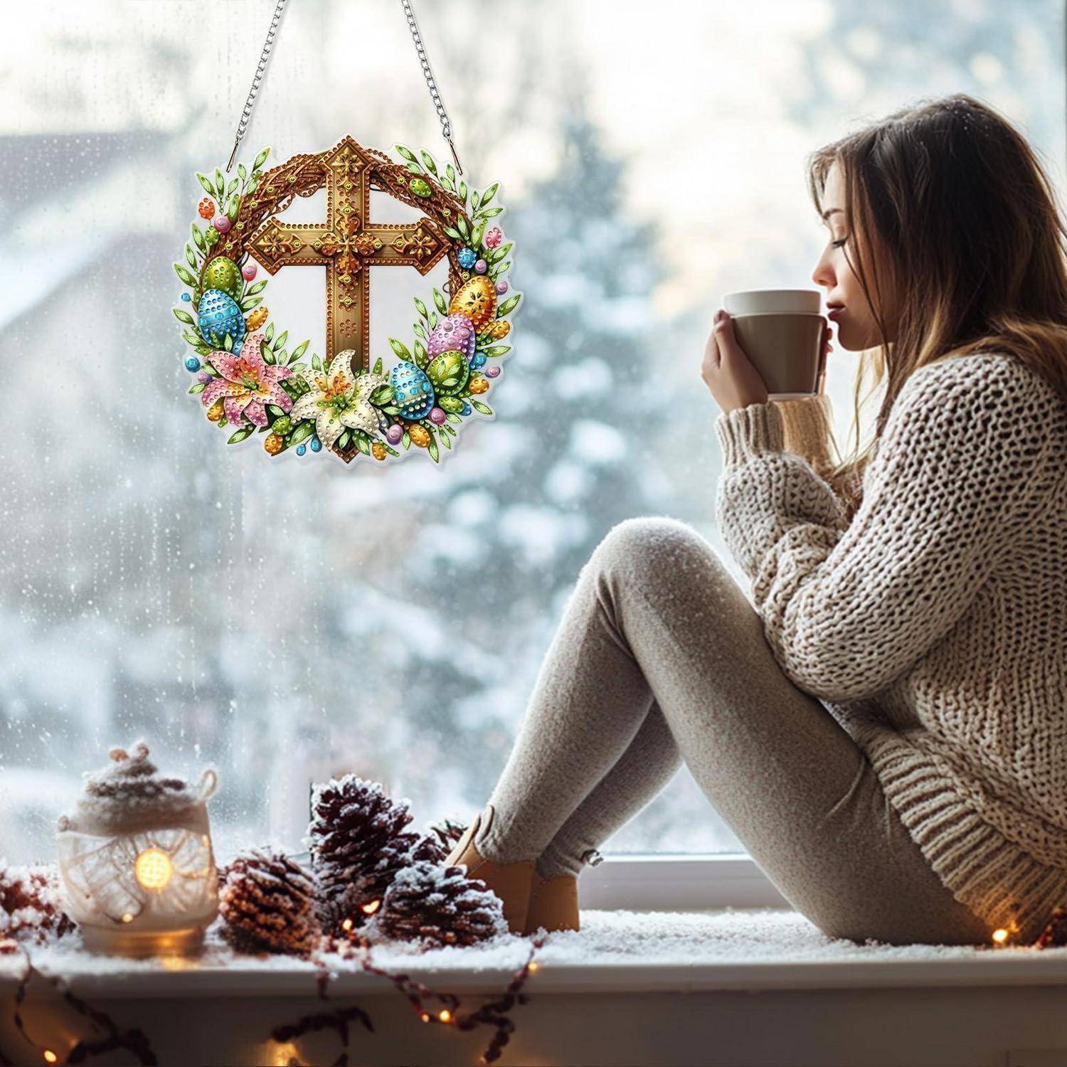 Eine Frau in einem gemütlichen Pullover sitzt an einem schneebedeckten Fenster, hält eine Tasse in der Hand und schaut auf einen hängenden Weihnachtskranz mit einem Kreuz und Ornamenten.