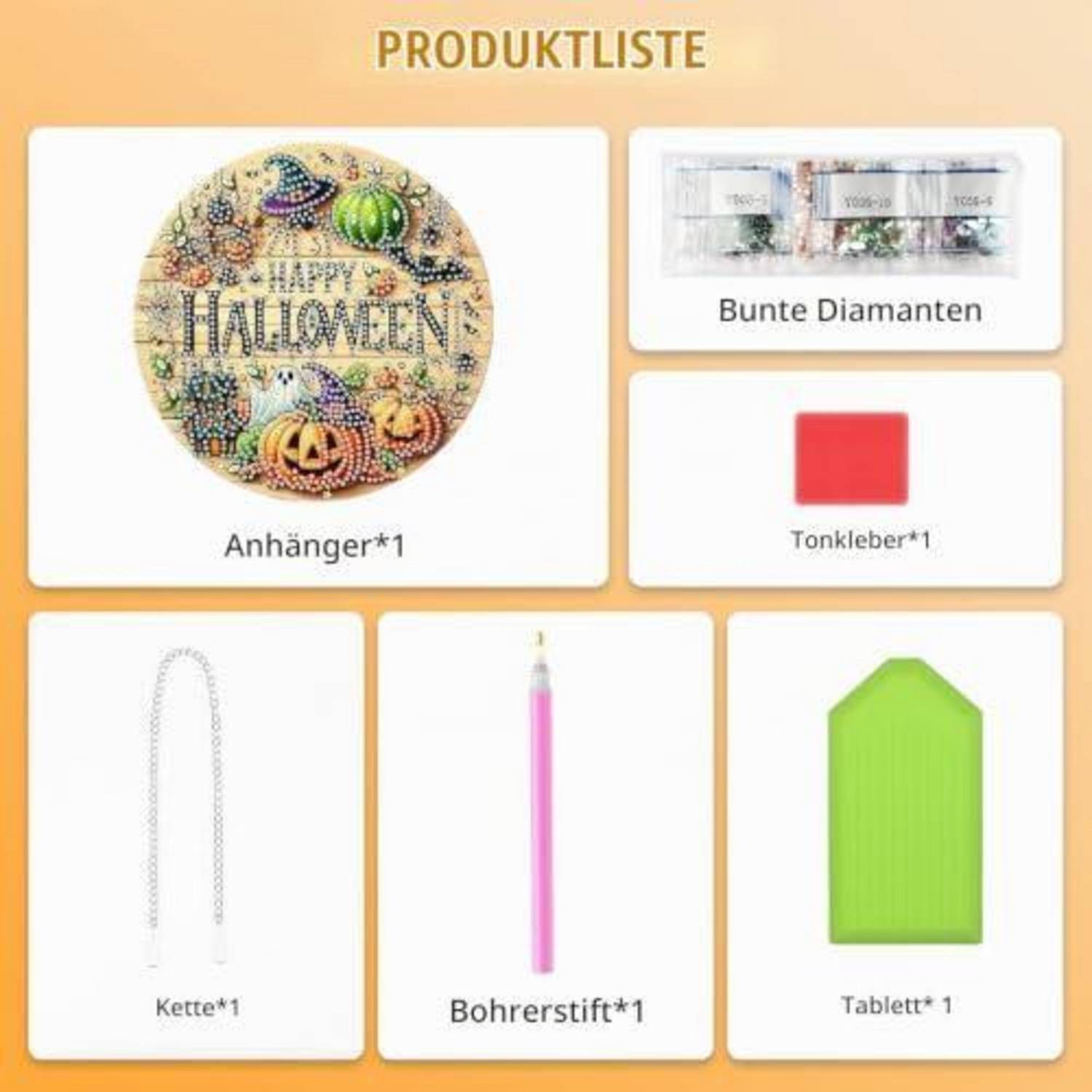 Deutsches Produktlistenverzeichnis für Diamond Painting: Halloween-Anhänger, farbige Diamanten, rotes quadratisches Tontablett, Kette, Bohrwerkzeug und grünes Tablettkissen.