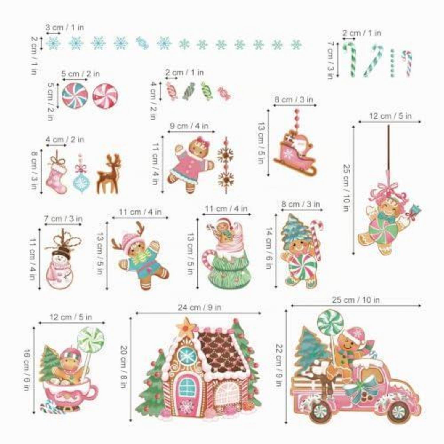 Illustrierte Weihnachtsdekoration und Ornamente, dargestellt mit Größenmessungen in cm und Zoll, einschließlich Zuckerstangen, Schneeflocken, Weihnachtsmännerfiguren, Lebkuchenhaus und Weihnachtsszenen.