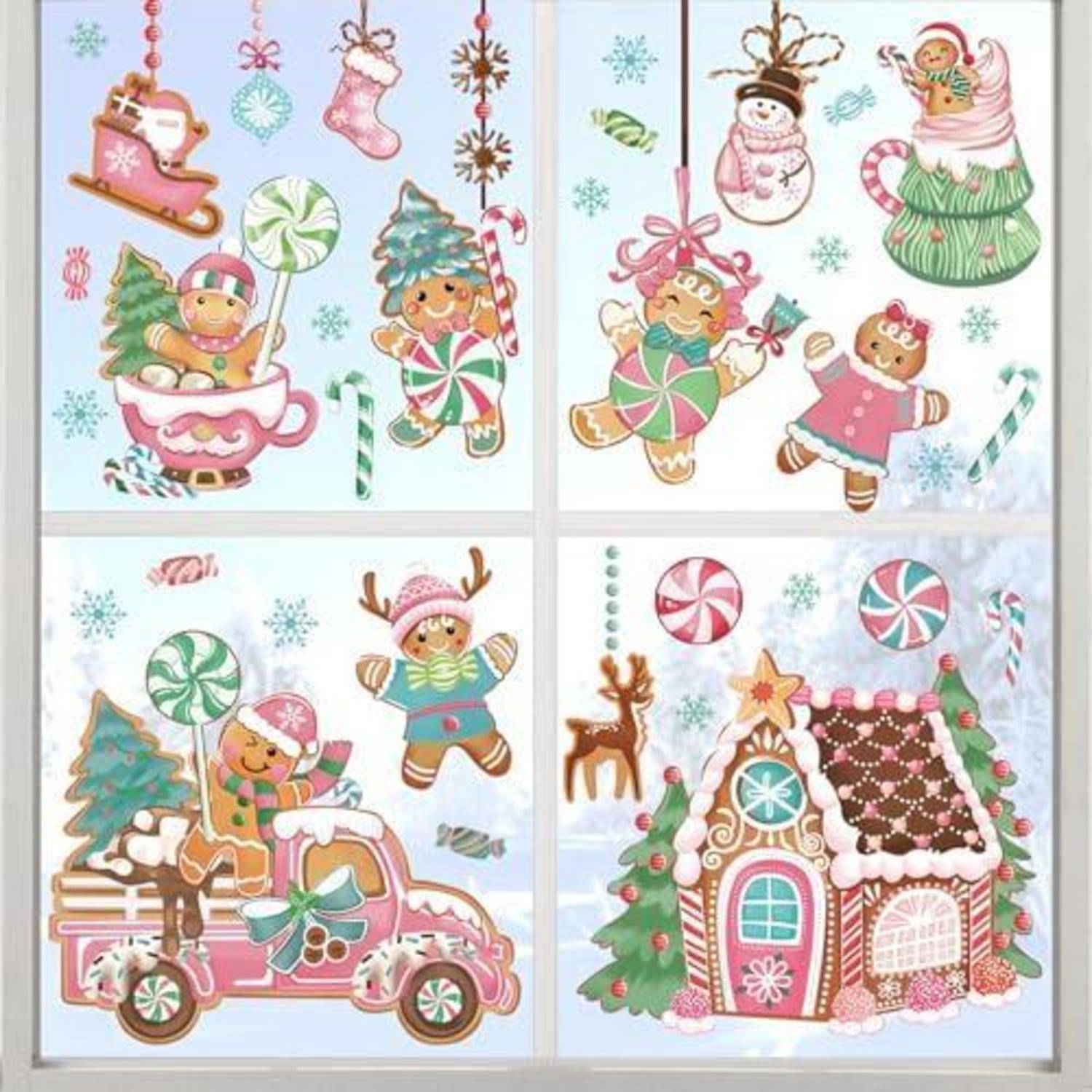Weihnachts-Sticker-Set mit Lebkuchenfiguren, Zuckerstangen, Kugeln, einem Lastwagen und einem geschmückten Lebkuchenhaus vor einem Fenster.