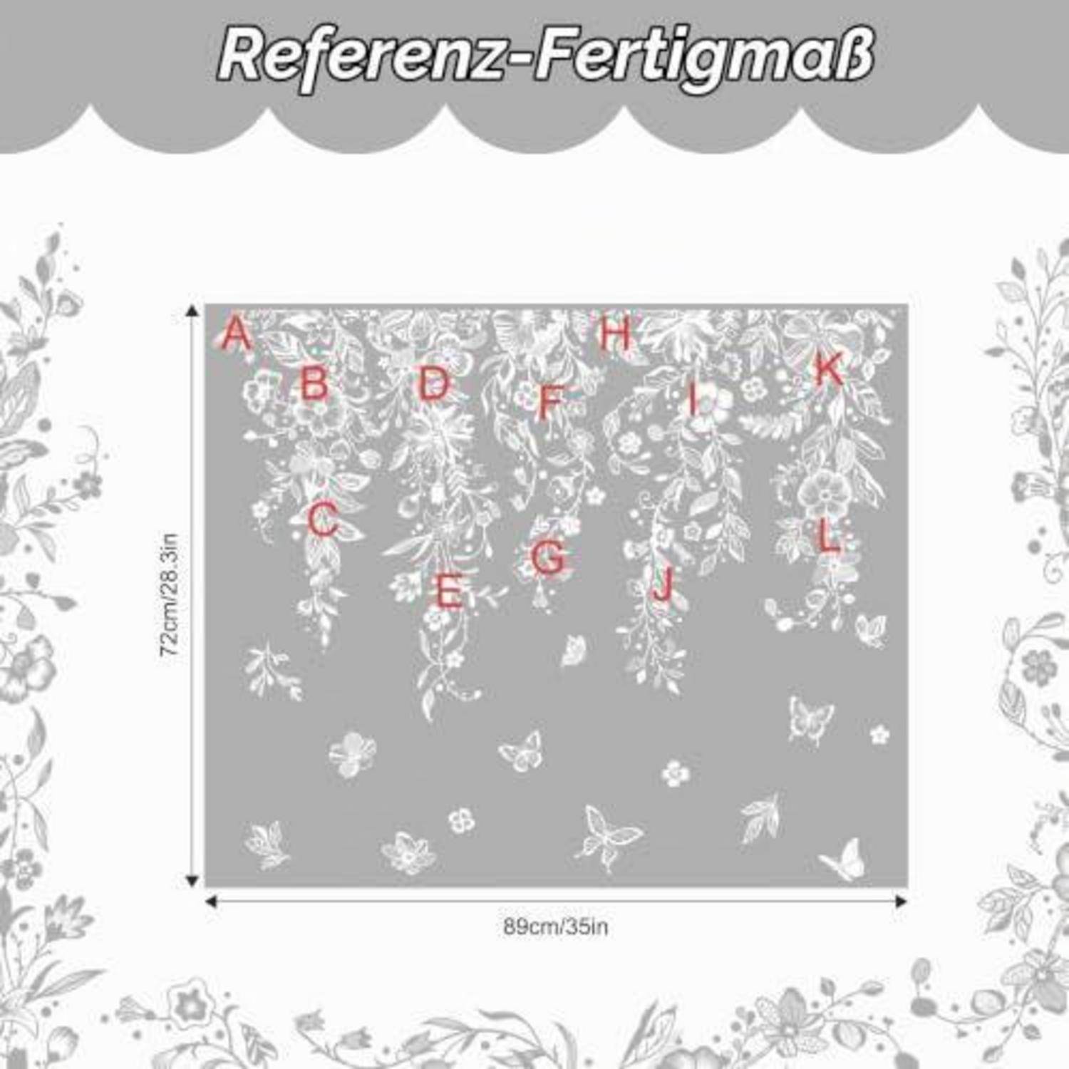 Dekoratives Referenzdiagramm mit dem Titel „Referenz-Fertigmaß" zeigt ein grauers florales Spitzenmuster-Panel mit den Buchstaben A-L gekennzeichnet und den Abmessungen 89 cm x 72 cm.