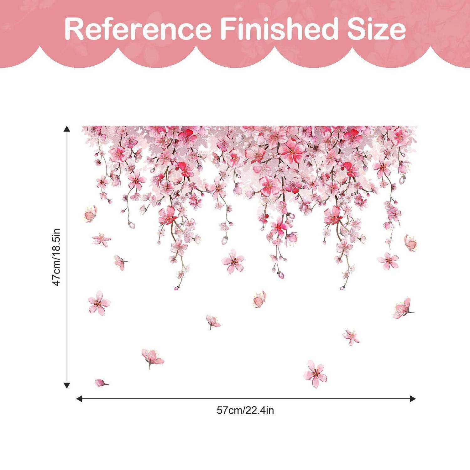 Größenreferenzdiagramm eines rosa Kirschblüten-Hängeflorals-Wandaufklebers mit einer Breite von 57 cm und einer Höhe von 47 cm mit einer fertigen Größe von 22,4 Zoll mal 18,5 Zoll.