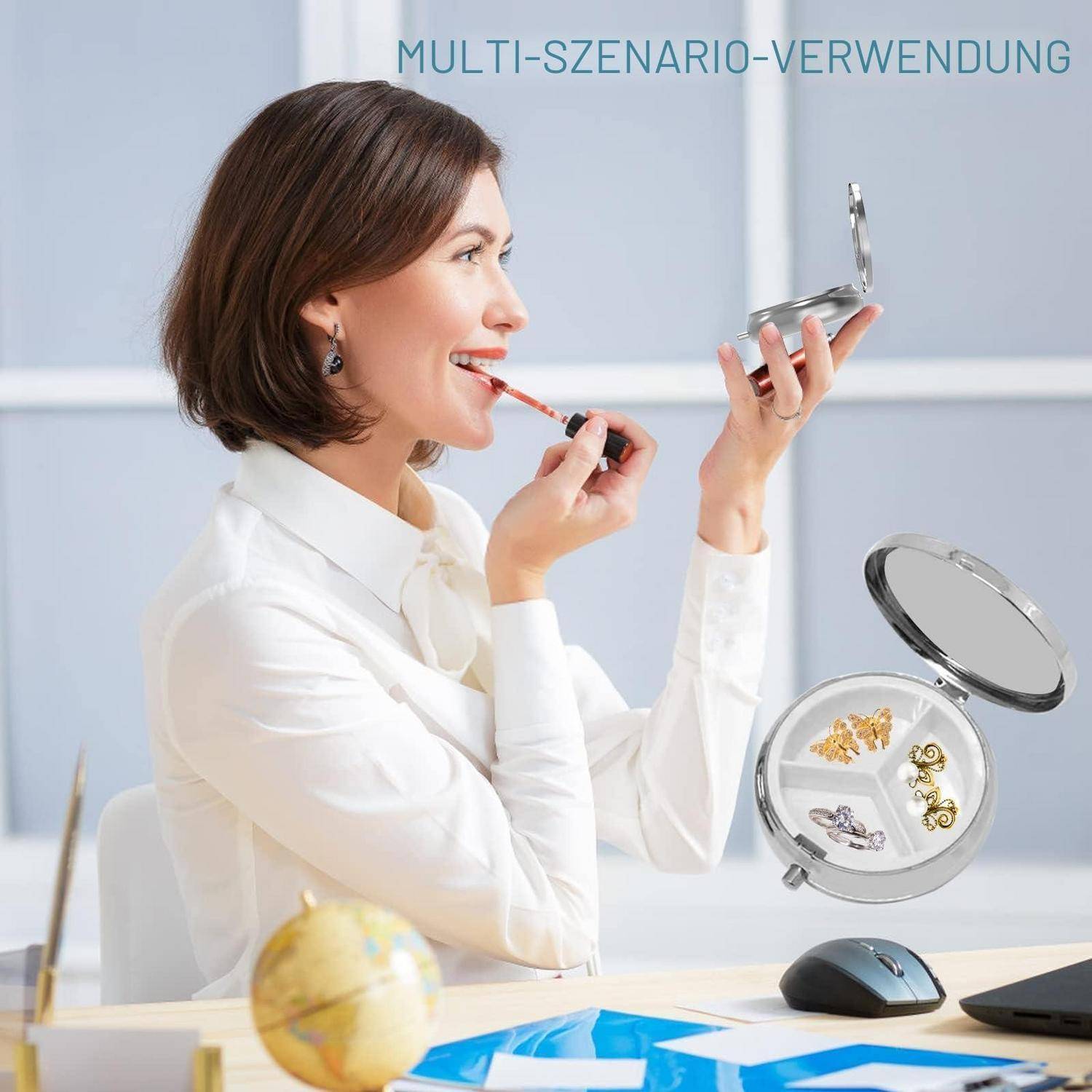 Frau in weißer Bluse trägt Lippenstift auf, während sie einen tragbaren Spiegel an einem Schreibtisch hält, mit einer Schmuckschatulle, Maus, Laptop und dem Text „MULTI-SZENARIO-VERWENDUNG