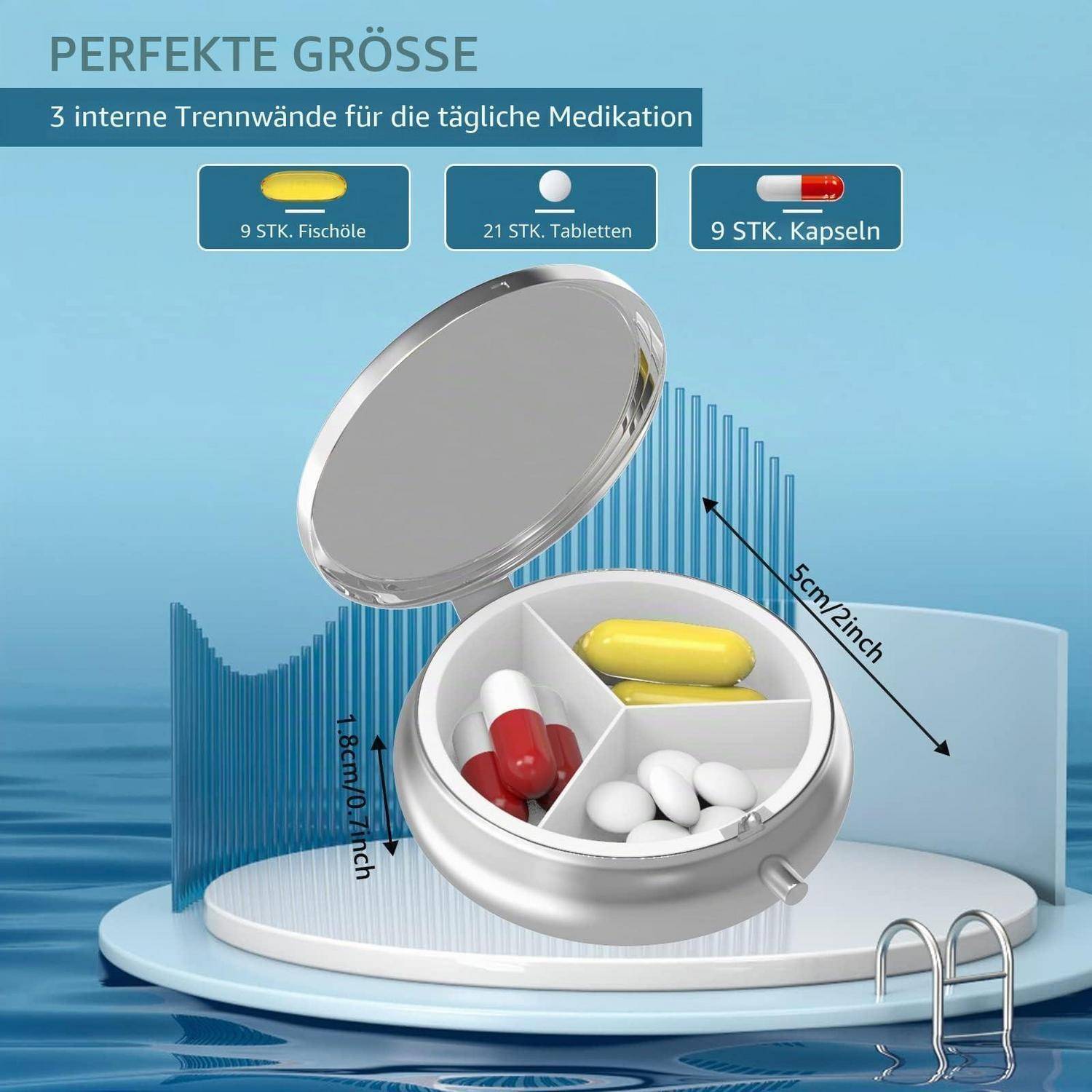 Werbebild eines runden Pillendosierers mit 3 inneren Fächern für die tägliche Medikamenteneinnahme, mit Platz für 9 Fischölkapseln, 21 Tabletten oder 9 Kapseln; beschriftet mit 5 cm/2 Zoll und 1,8 cm/0,7 Zoll.
