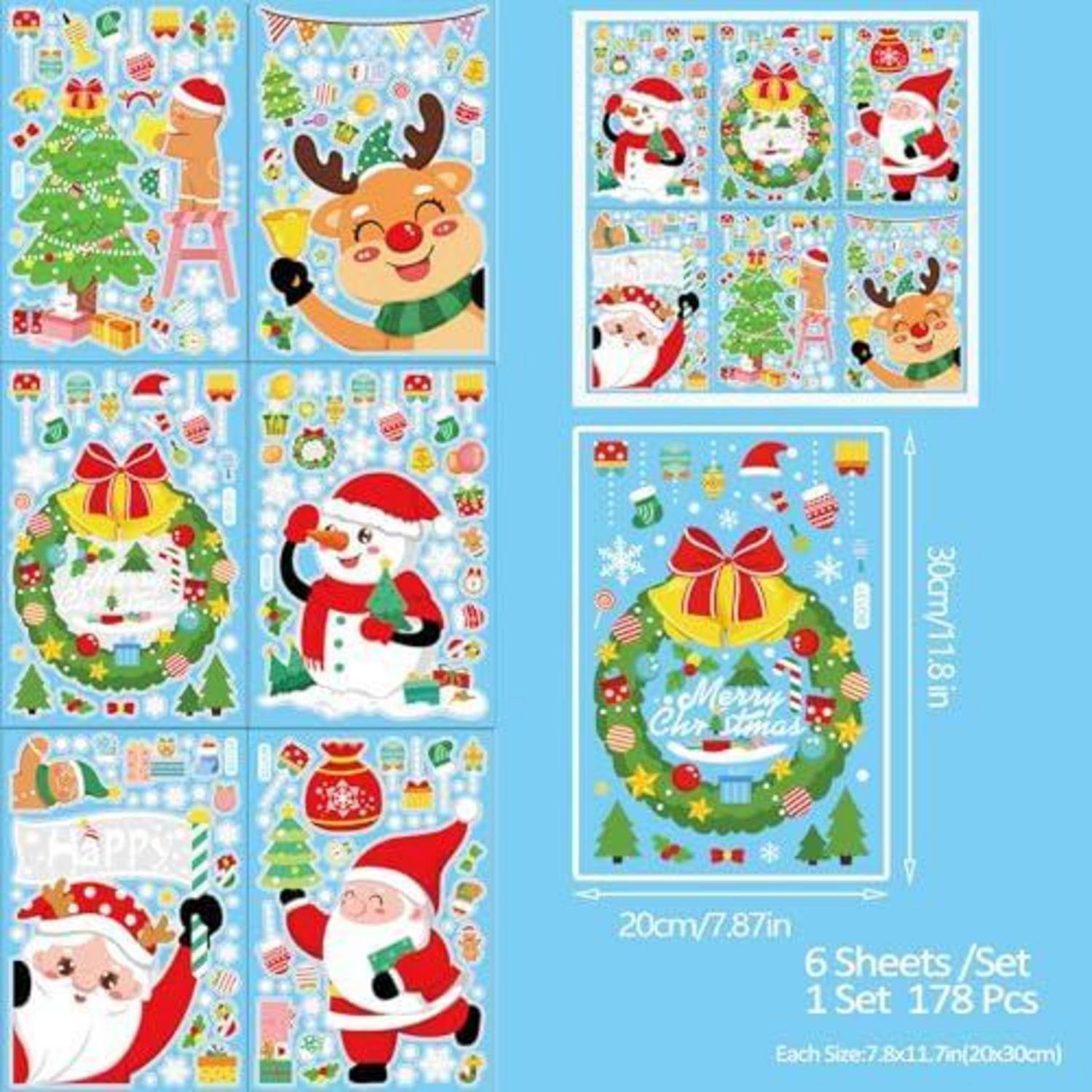 Weihnachtsstickerset mit sechs Blättern festlicher Designs: Weihnachtsmann, Rentiere, Kränze, Christbaumkugeln, Geschenke und „Frohe Weihnachten"-Text; mit Größenetiketten.