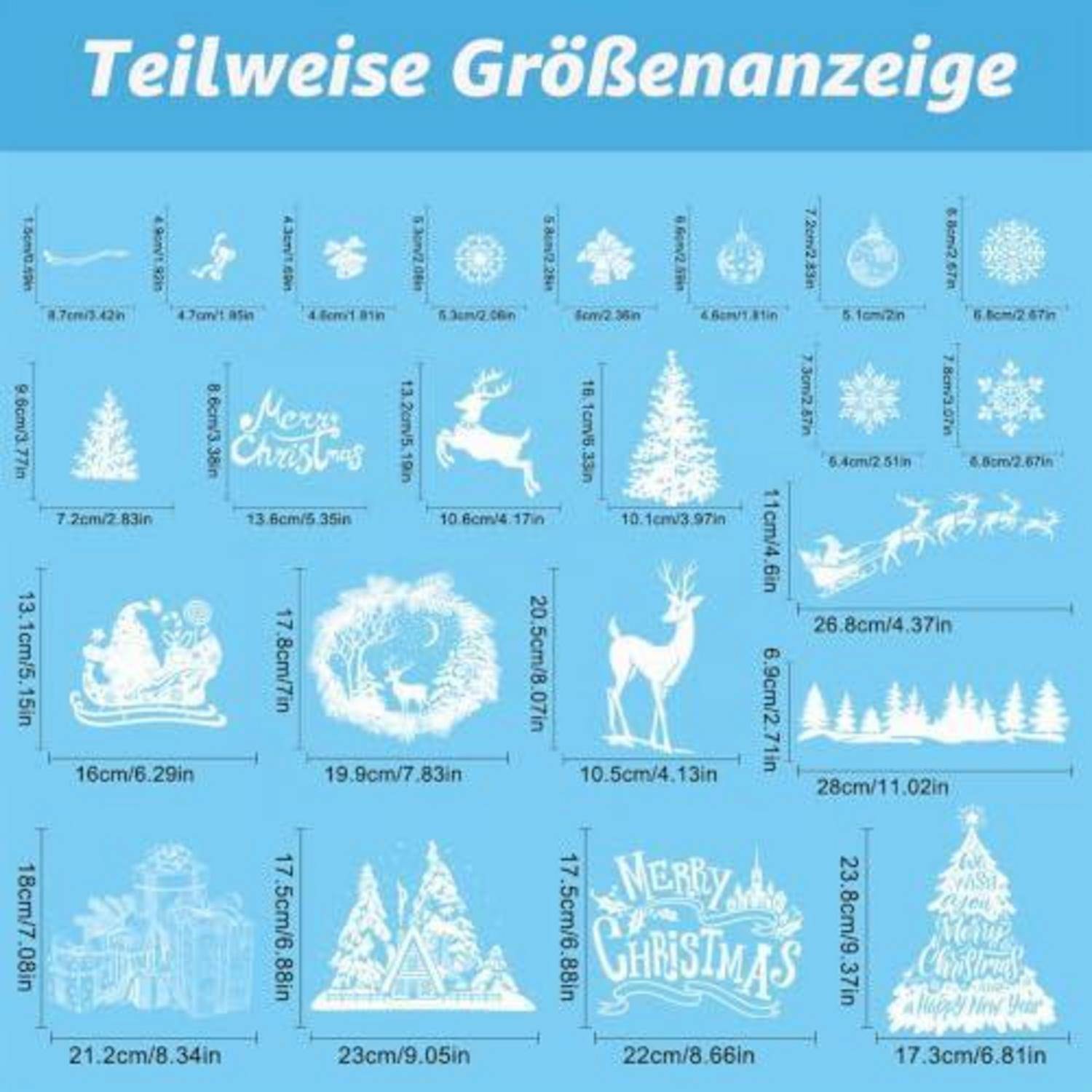 Blaugrafik mit Größentabelle mit weißen Weihnachtssilhouette-Aufklebern mit deutschem Titel „Teilweise Größenanzeige" und Maßen für jedes Design in cm und Zoll.