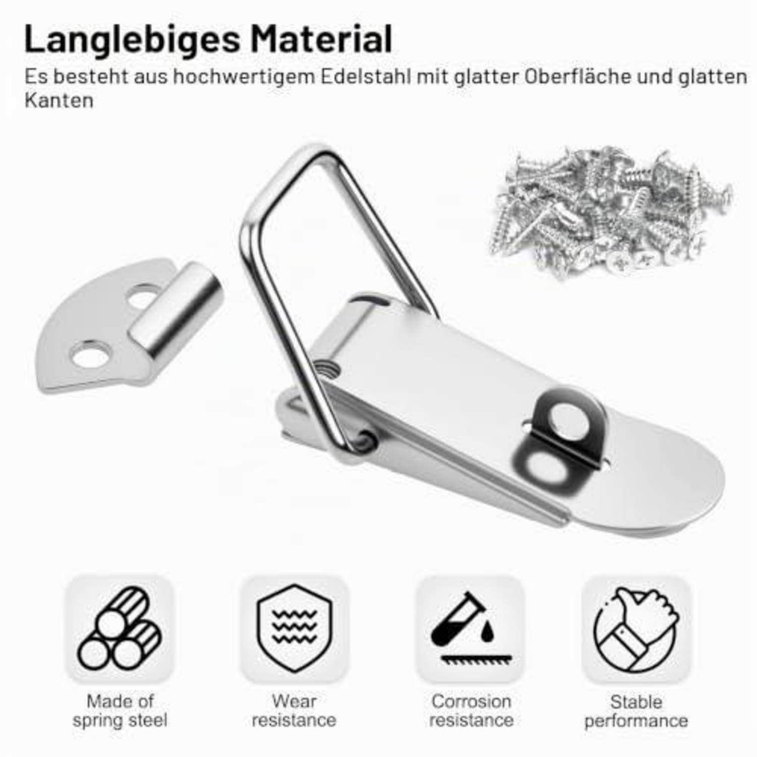 Produktbild einer rostfreien Verriegelung mit Schrauben, mit der Bezeichnung „Langlebiges Material" und zeigt Haltbarkeitsfunktionen: Federstahl, Verschleißfestigkeit, Korrosionsbeständigkeit, stabile Leistung.