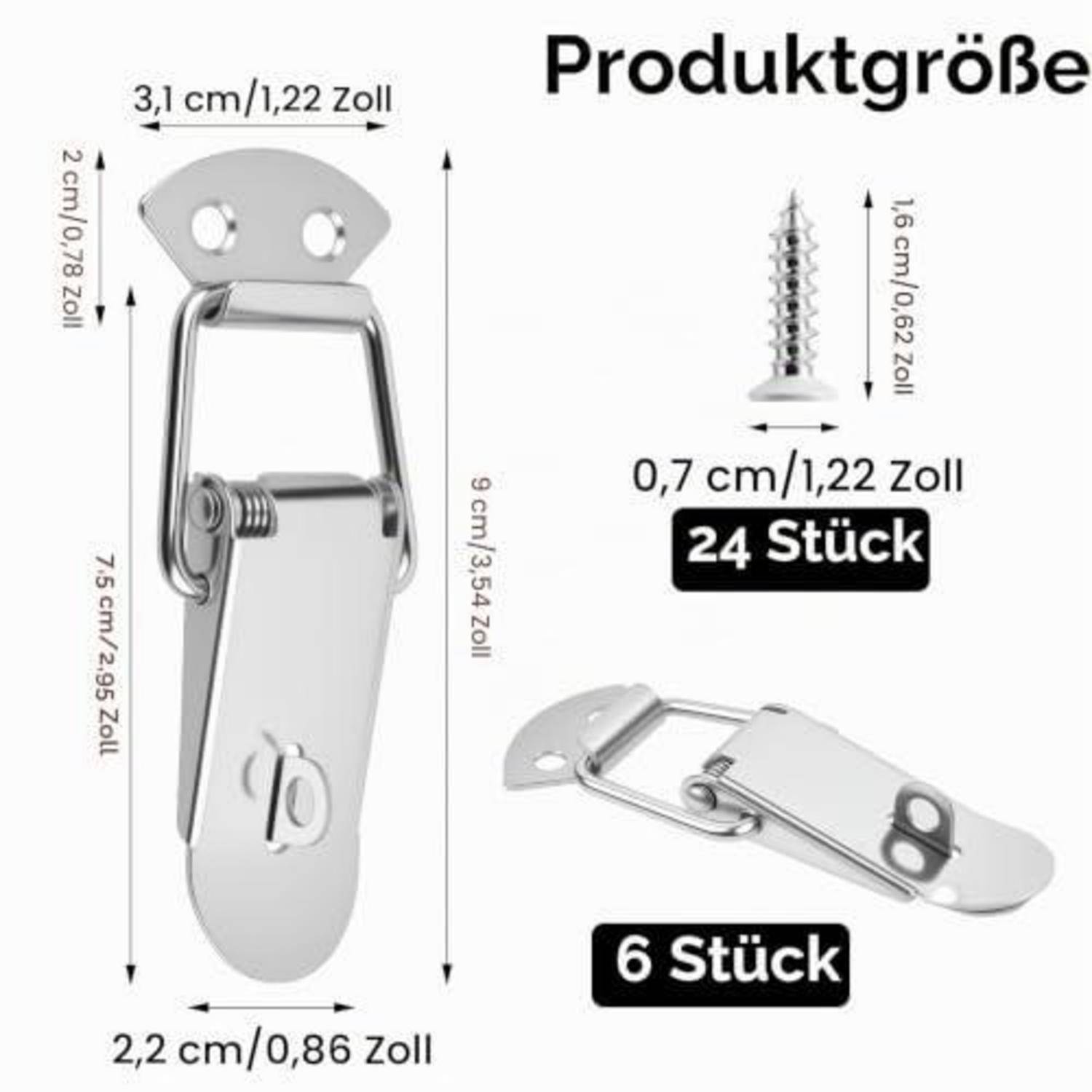 Produktgrößendiagramm mit einer Metallverriegelung und einer Schraube mit Abmessungen: Verriegelung 7,5 cm lang, 2,2 cm breit; Schraube 1,6 cm lang. Beschriftungen geben an '24 Stück' und '6 Stück'.
