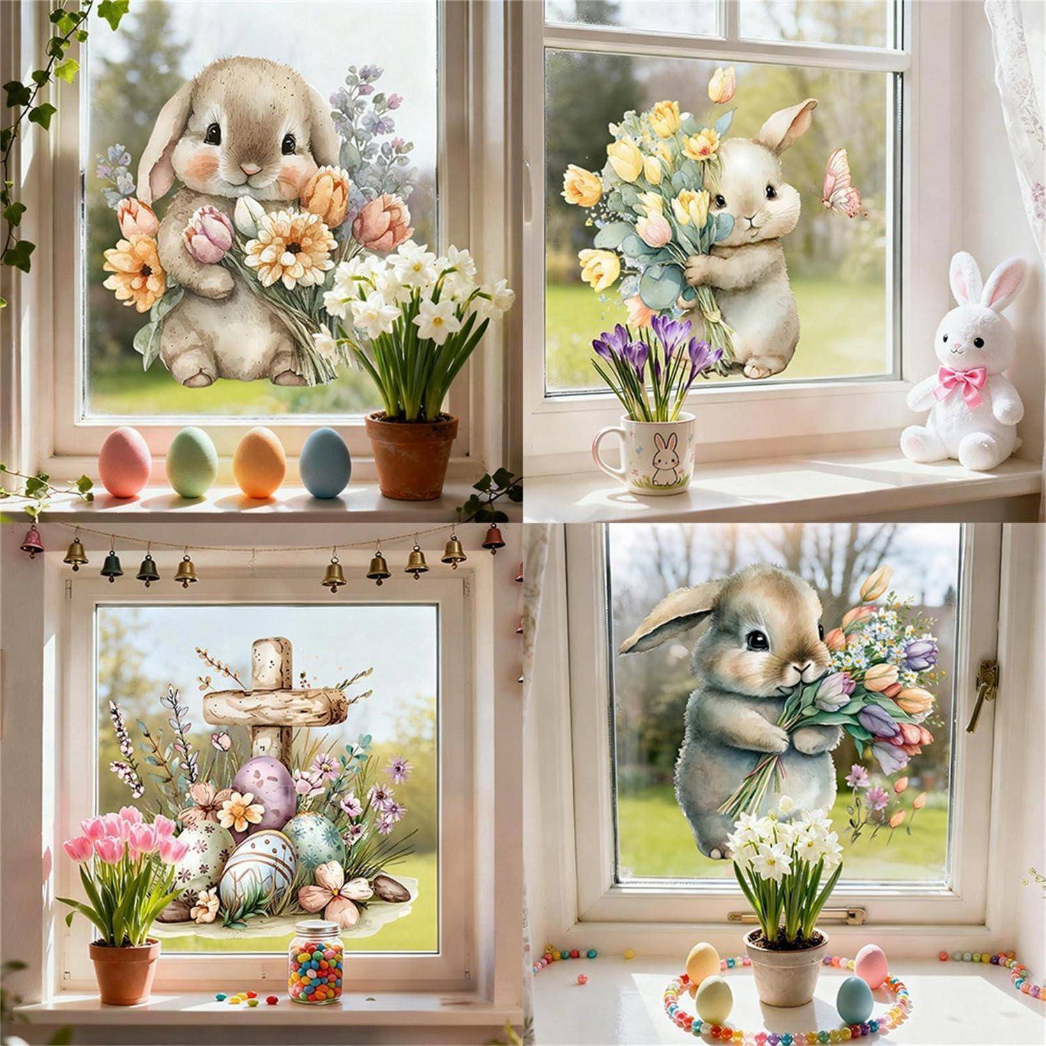 Vier pastellfarbene Frühjahrsszenen am Fenster zeigen Kaninchen oder einen Vogel mit Blumen, Ostereiern und Zimmerpflanzen in Töpfen auf sonnigen Fenstersimsen.