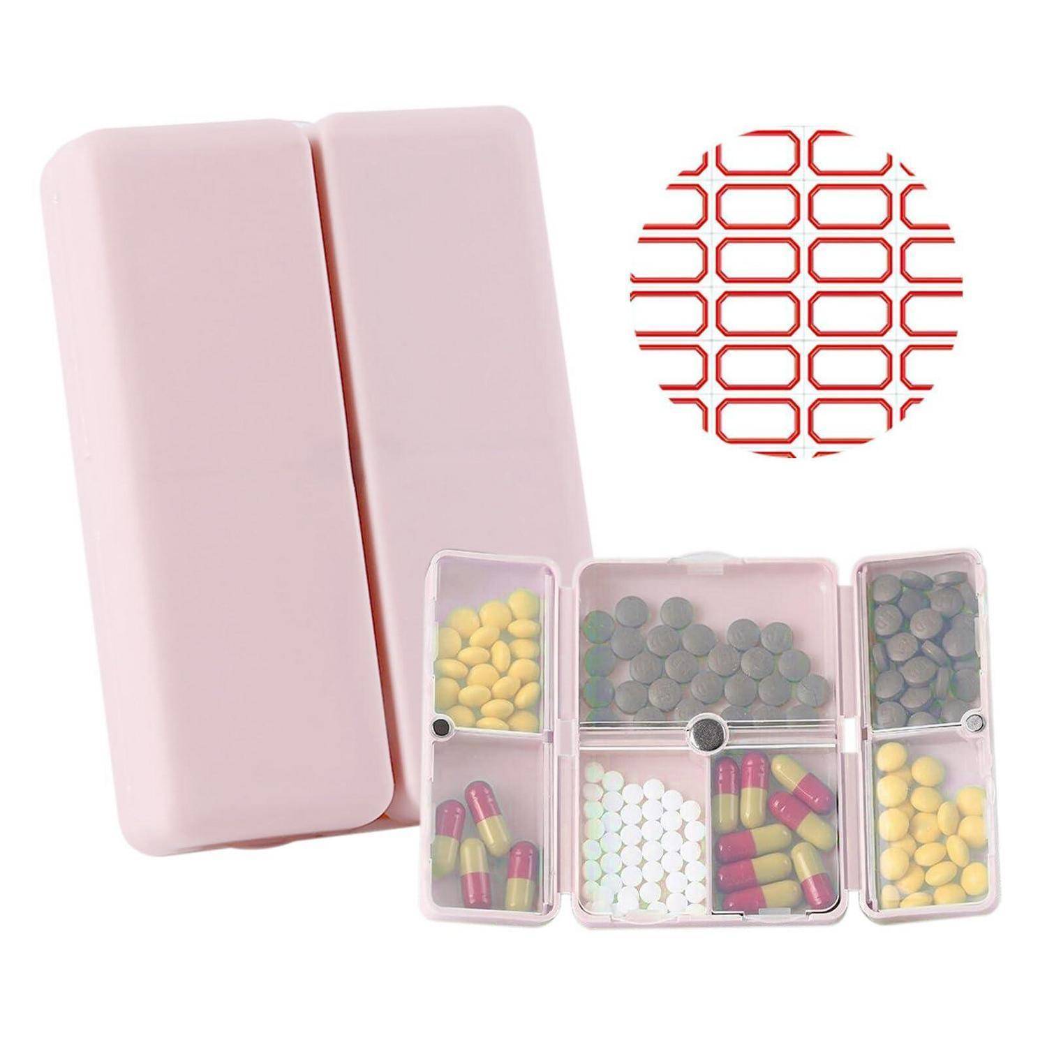 Rosafarbener Pillendosierer mit mehreren beschrifteten Fächern, in denen verschiedene Tabletten und Kapseln aufbewahrt werden, plus ein rotes Rastergitter-Symbol, das das Layout des Organizers zeigt.