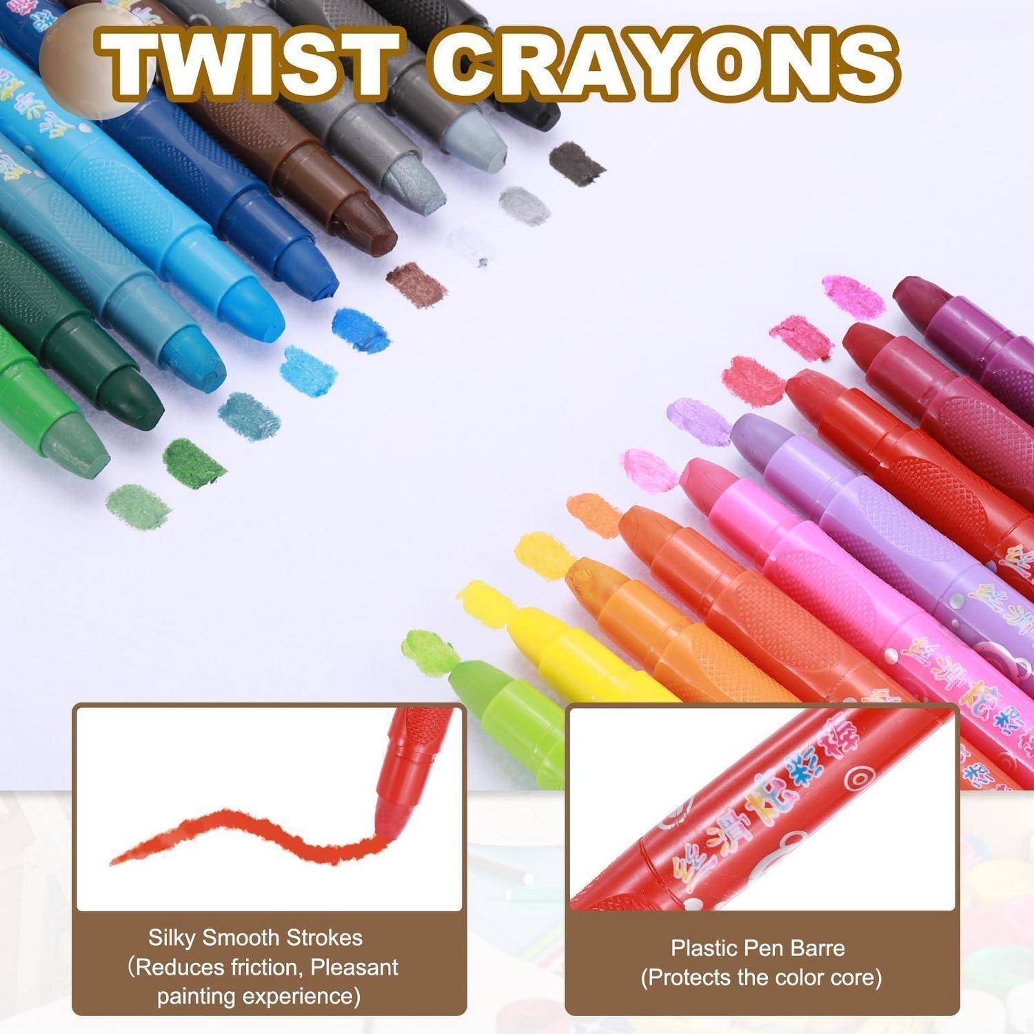 Werbeabbildung für "TWIST CRAYONS"" zeigt mehrfarbige Stifte mit entsprechenden Farbmustern sowie Hinweise auf ""Seidig glatte Striche"" und ""Kunststoff-Stifthülse"" zum Schutz des Farbkerns.