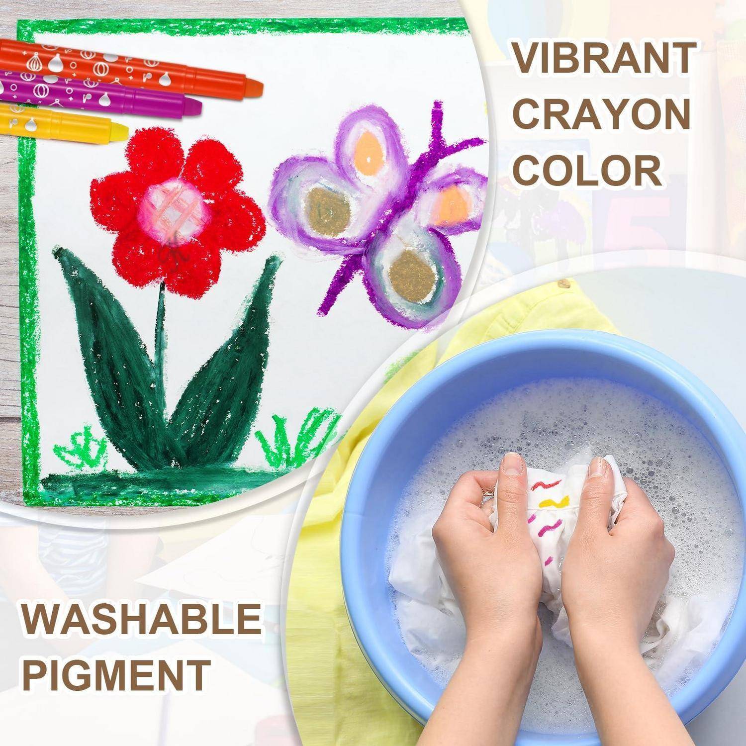 Buntstiftzeichnungen einer Blume und eines Schmetterlings, mit Händen, die Buntstiftpigmente in einer Schüssel waschen; der Text lautet „LEBENDIGE BUNTSTIFTFARBE" und „WASCHBARES PIGMENT"".