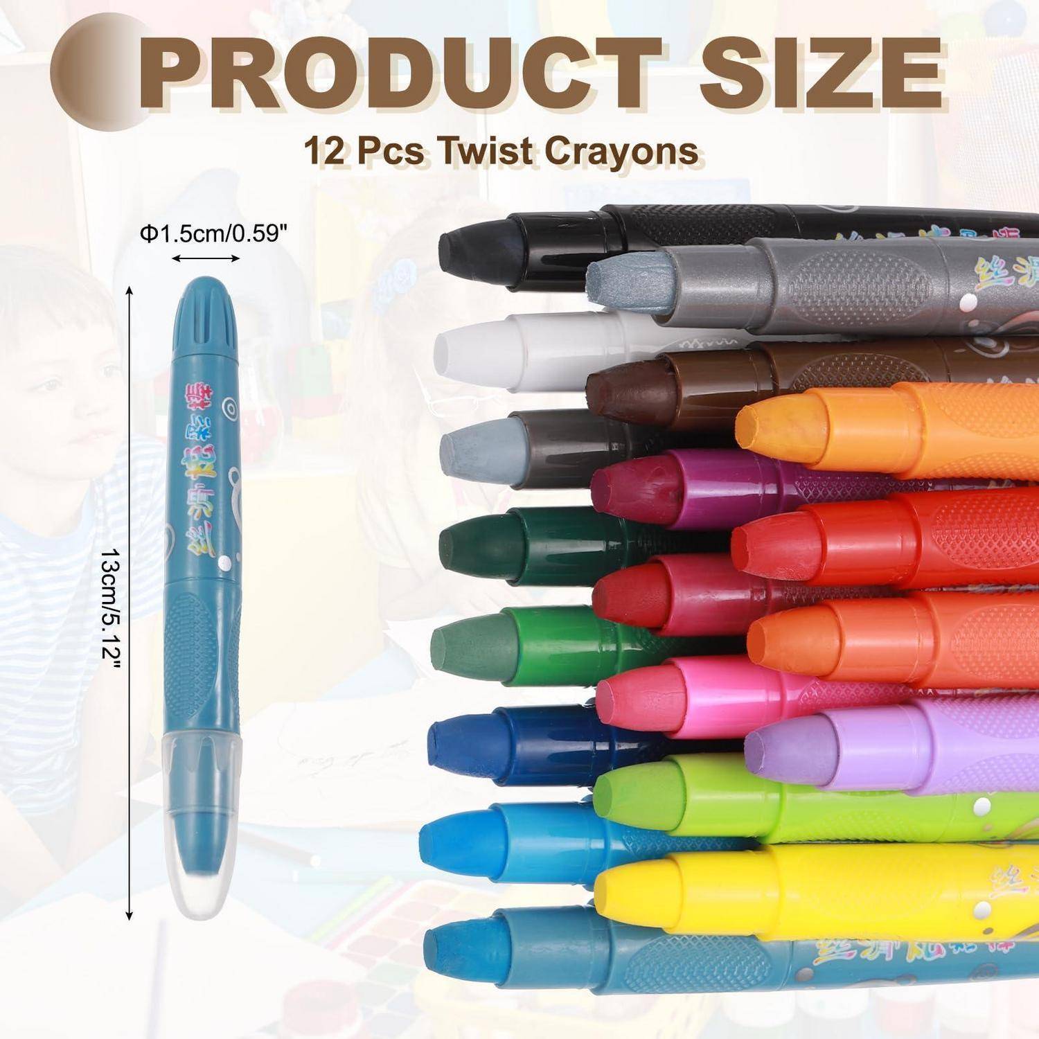 Größentabelle für Produkte für 12 Drehkrayons, wobei ein Kryon 13 cm lang und 1,5 cm breit ist, zusammen mit einem Stapel verschiedenfarbiger Krayons.