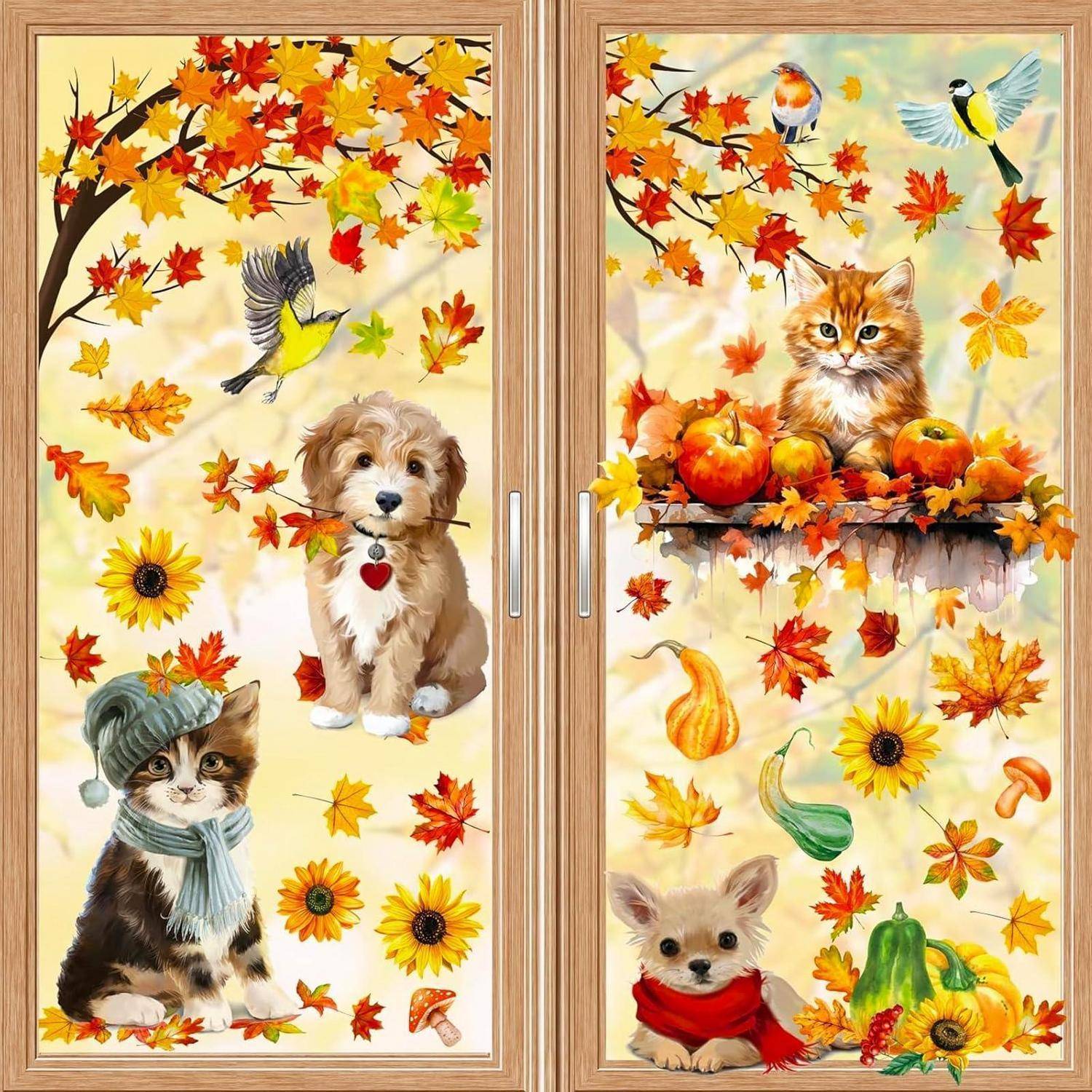 Herbstthematische Illustration auf doppelten Schranktüren mit einem Welpen und einer Katze auf der linken Seite und einem Kätzchen mit einem kleinen Hund auf der rechten Seite, umgeben von Herbstblättern, Sonnenblumen, Vögeln, Kürbissen und Kürbisgewächsen.