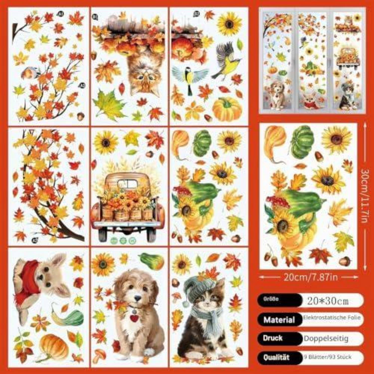 Collage von herbstlichen Aufkleber-Designs mit Blättern, Sonnenblumen, Kürbissen, Hunden, Katzen und einem dekorativen Lastwagen; enthält Größen- und Materialbezeichnungen.