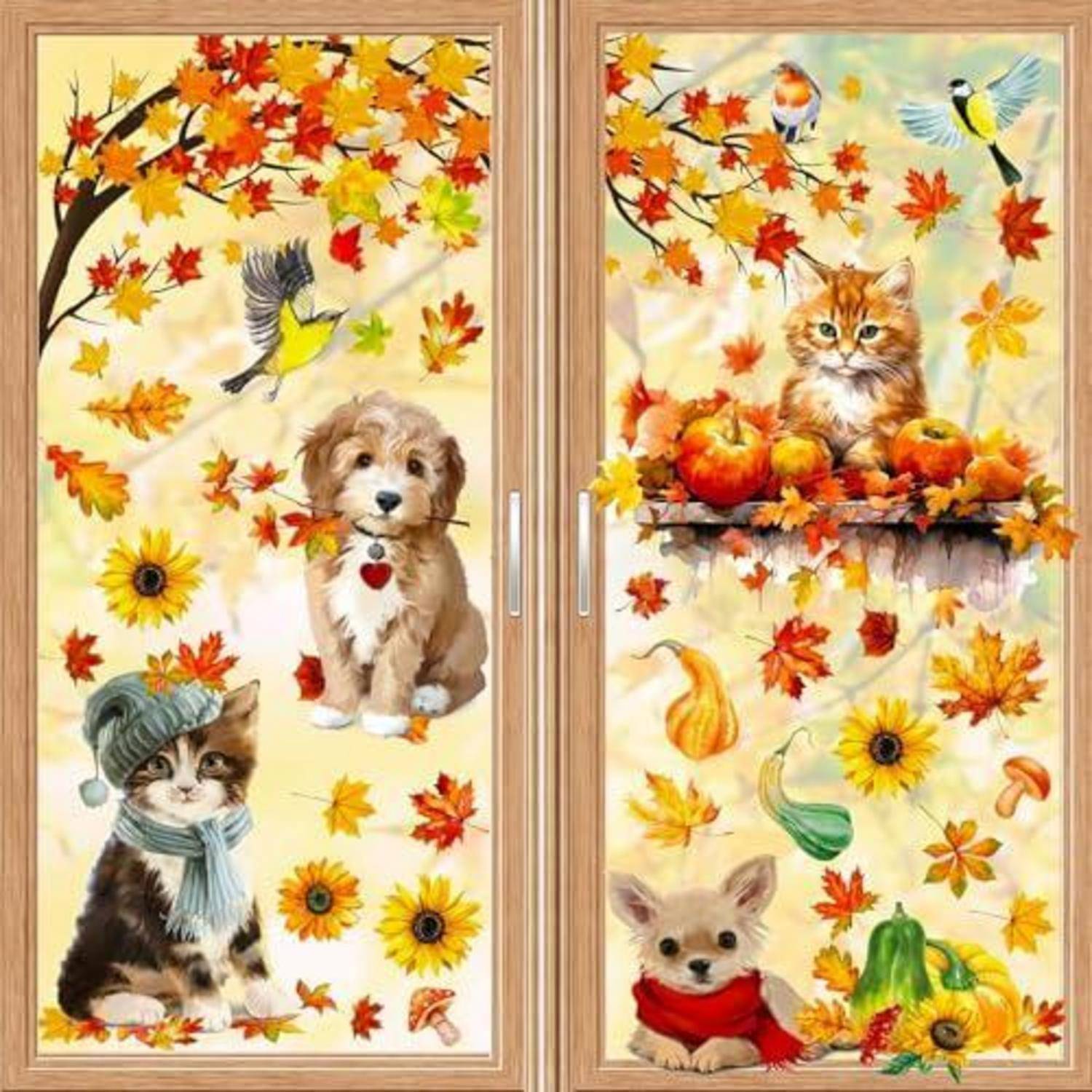 Herbstliches Illustrationsbild mit Kätzchen und einem Welpen zwischen herabfallenden Blättern, Blumen, Vögeln, Kürbissen und Flaschenkürbissen auf zwei Fensterflügeln.