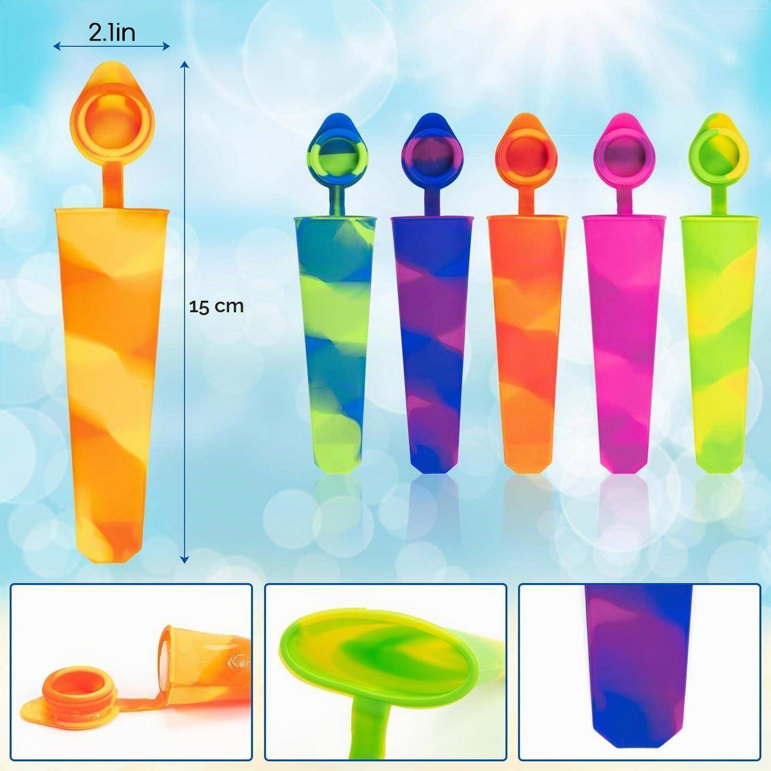 Bunte wiederverwendbare Eislutscher-Formen mit Deckeln, gezeigt in fünf Farben und eine Nahaufnahme einer Form mit Abmessungen von 2,1 Zoll breit und 15 cm hoch.