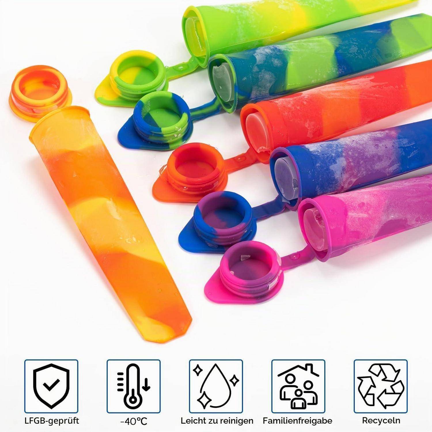 Bunte gefrorene Frucht-Eisstangen auf Stöcken, mit Symbolen, die „LFGB-geprüft", „-40°C"", „Leicht zu reinigen"", „Familienfreigabe"" und „Recyceln"" zeigen.