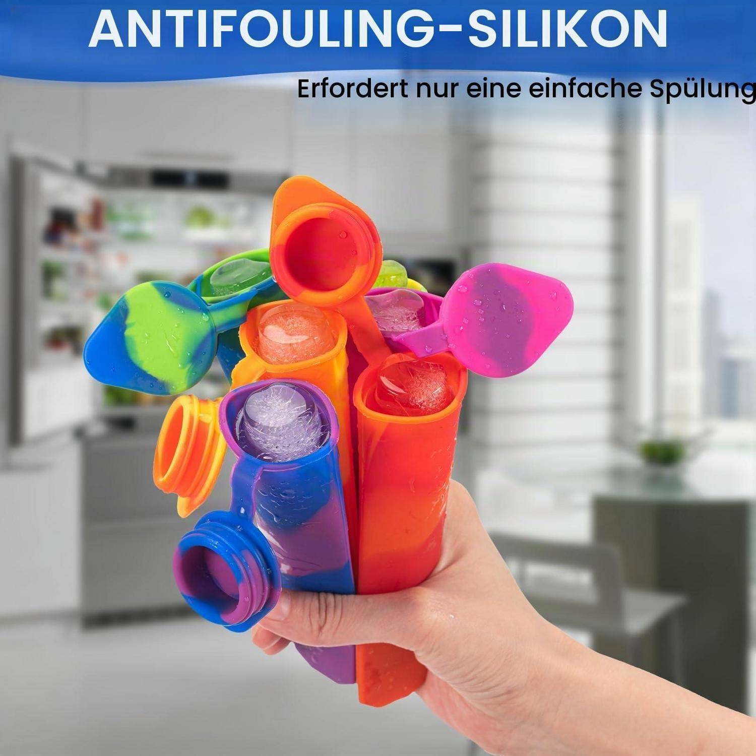 Hand hält ein Bündel farbiger Silikon-Antifouling-Kappen; Text liest „ANTIFOULING-SILIKON" und „Erfordert nur eine einfache Spülung"".
