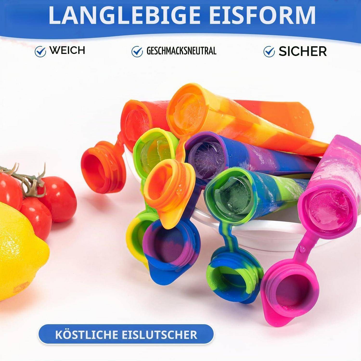 Farbenfroher Stapel von langlebigen Eislutscher-Formen mit deutschen Etiketten: 'WEICH', 'GESCHMACKSNEUTRAL', 'SICHER' und 'KÖSTLICHE EISLUTSCHER'.