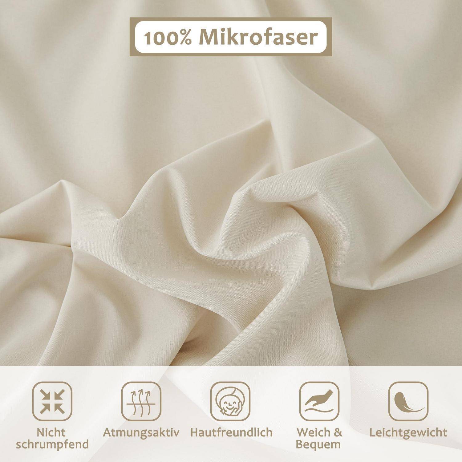 Gefalteter beiger Mikrofaserstoff mit der Aufschrift „100% Mikrofaser" und Symbolen, die rutschfest, atmungsaktiv, hautfreundlich, weich und geschmeidig sowie leicht andeuten.