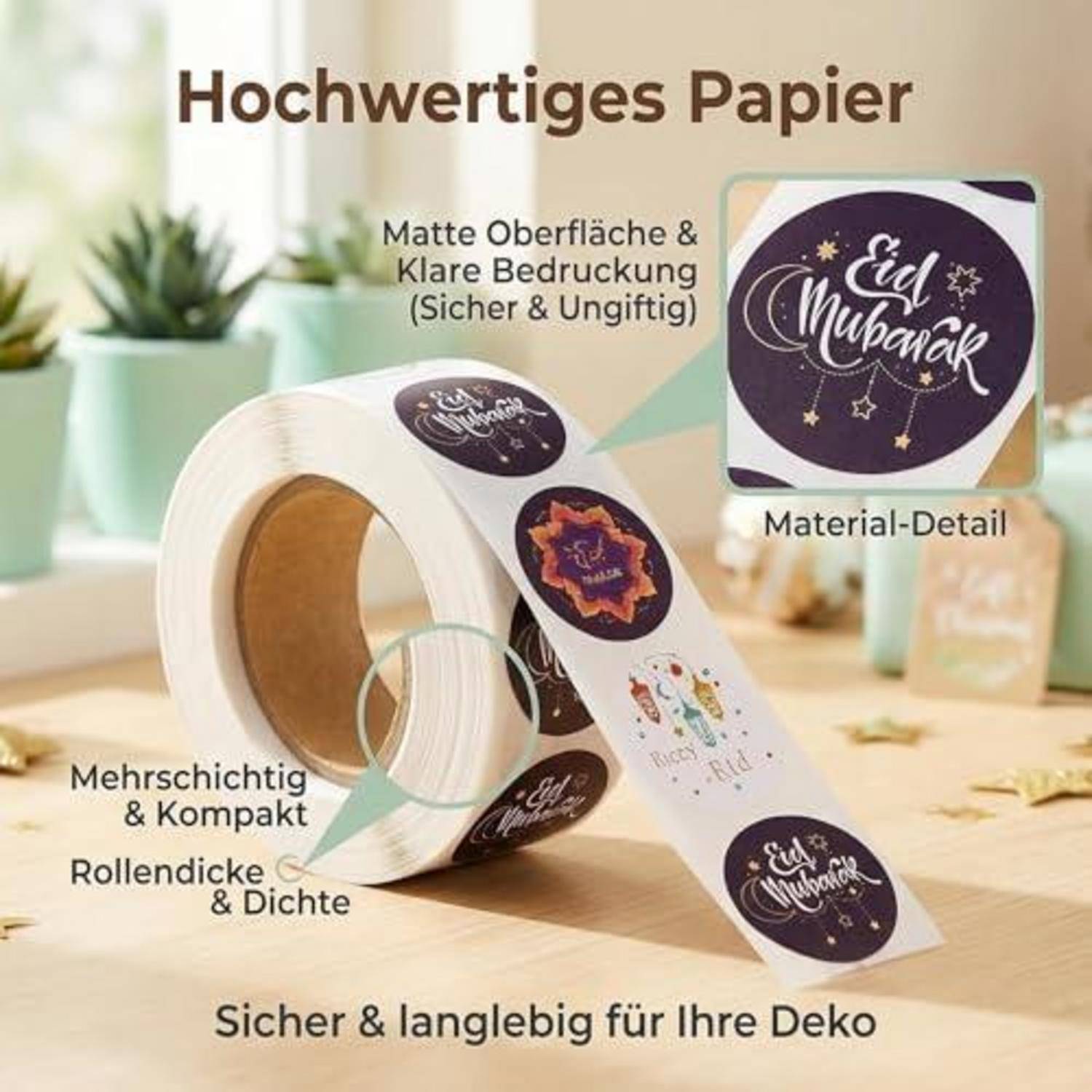 Werbebild einer Rolle mit Eid Mubarak-Aufklebern auf hochwertigem Papier, das die matte Oberfläche, klare Druckqualität, mehrschichtige Dicke und Haltbarkeit zur Dekoration hervorhebt.