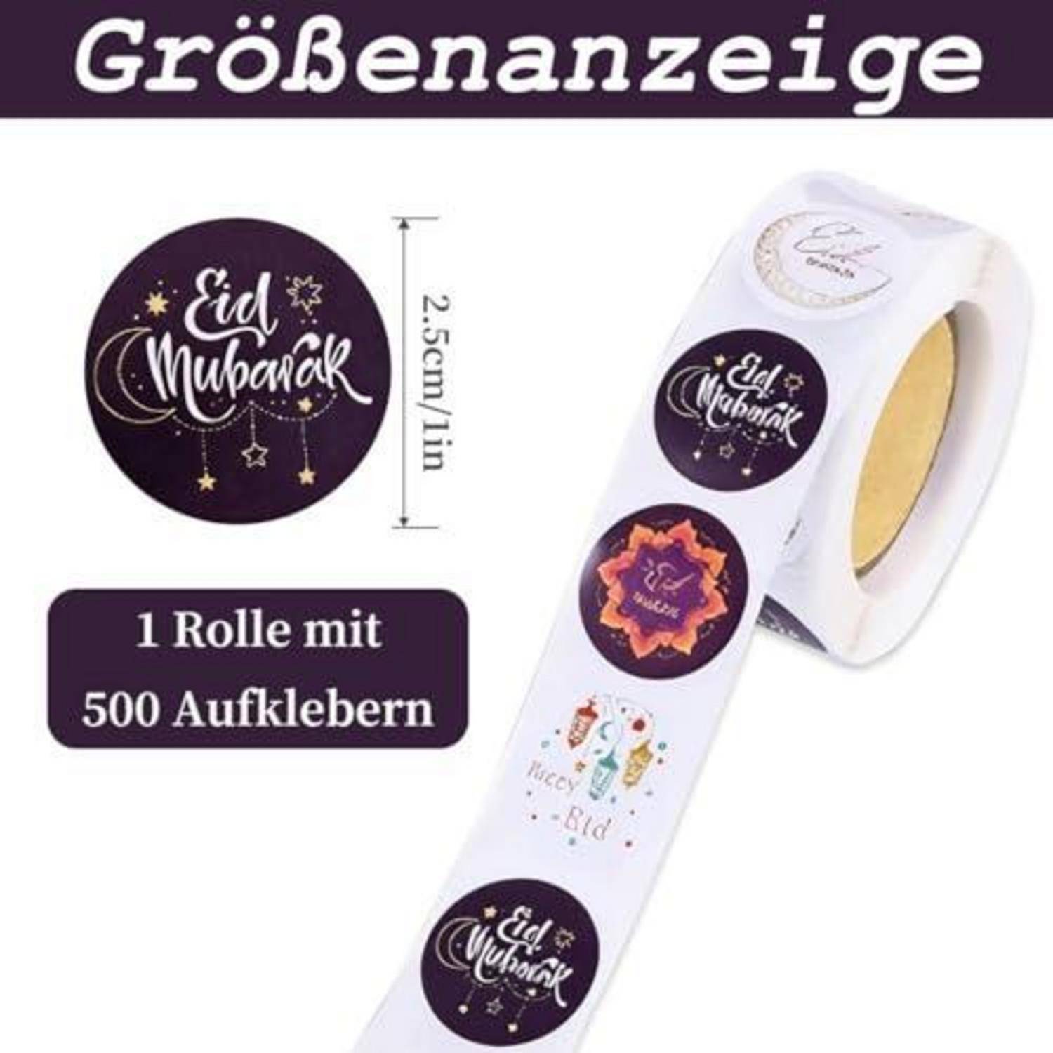 Produktbild von kreisförmigen Eid Mubarak Aufklebern auf einer Rolle, beschriftet mit "Größenanzeige"" und ""1 Rolle mit 500 Aufklebern""; Aufkleber Größe angezeigt als 2,5 cm/1 Zoll.