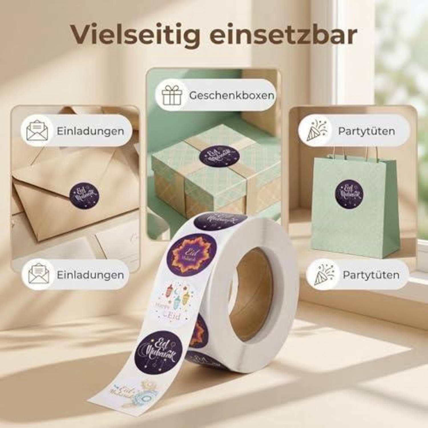 Promotional image of gift packaging options labeled in German: Einladungen, Geschenkboxen und Geschenktüten, plus eine dekorative Etikettrolle auf beigem Hintergrund.