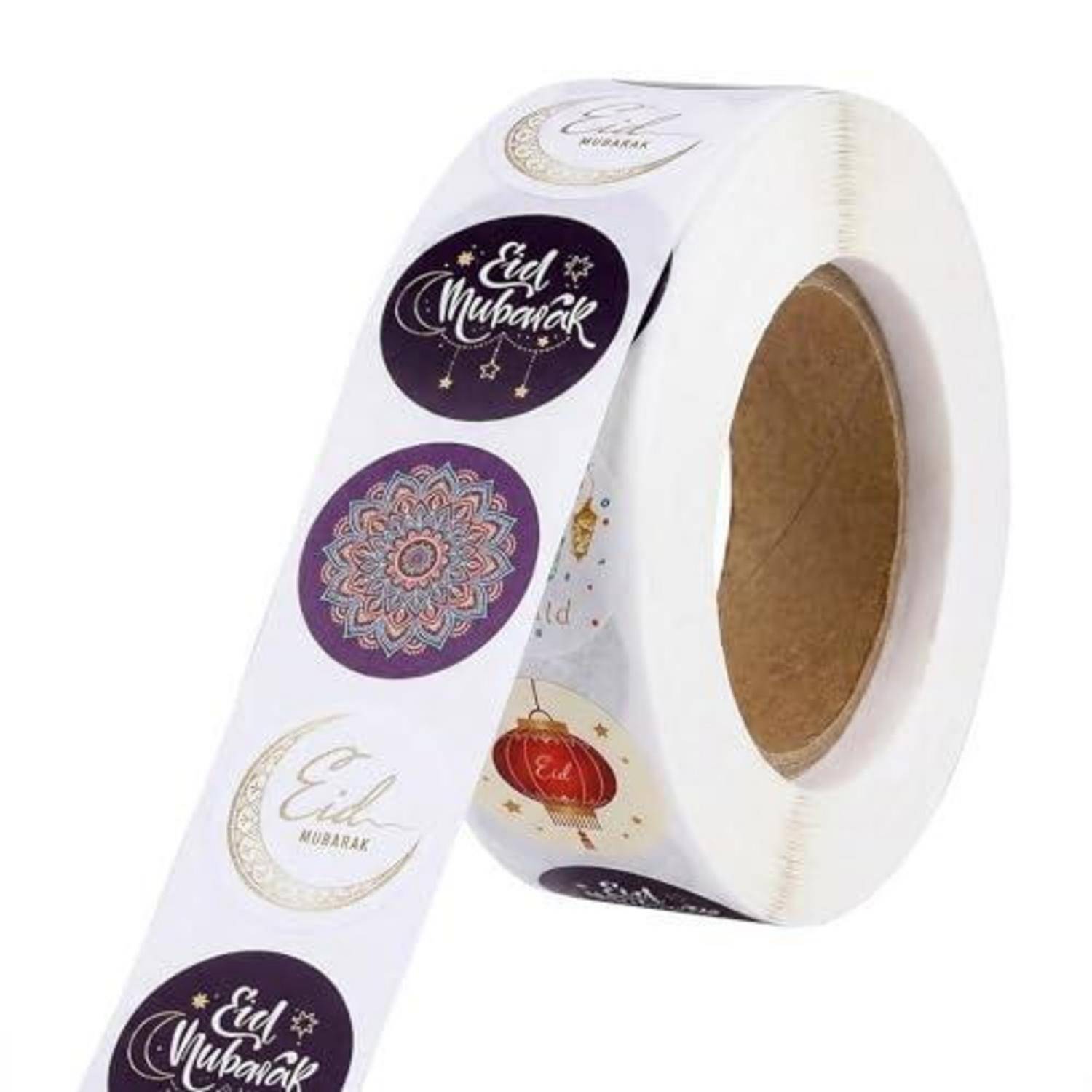 Eine Rolle weiße Eid Mubarak Deko-Aufkleber mit violetten und goldenen Festtagsmustern und arabisch inspirierten Motiven.
